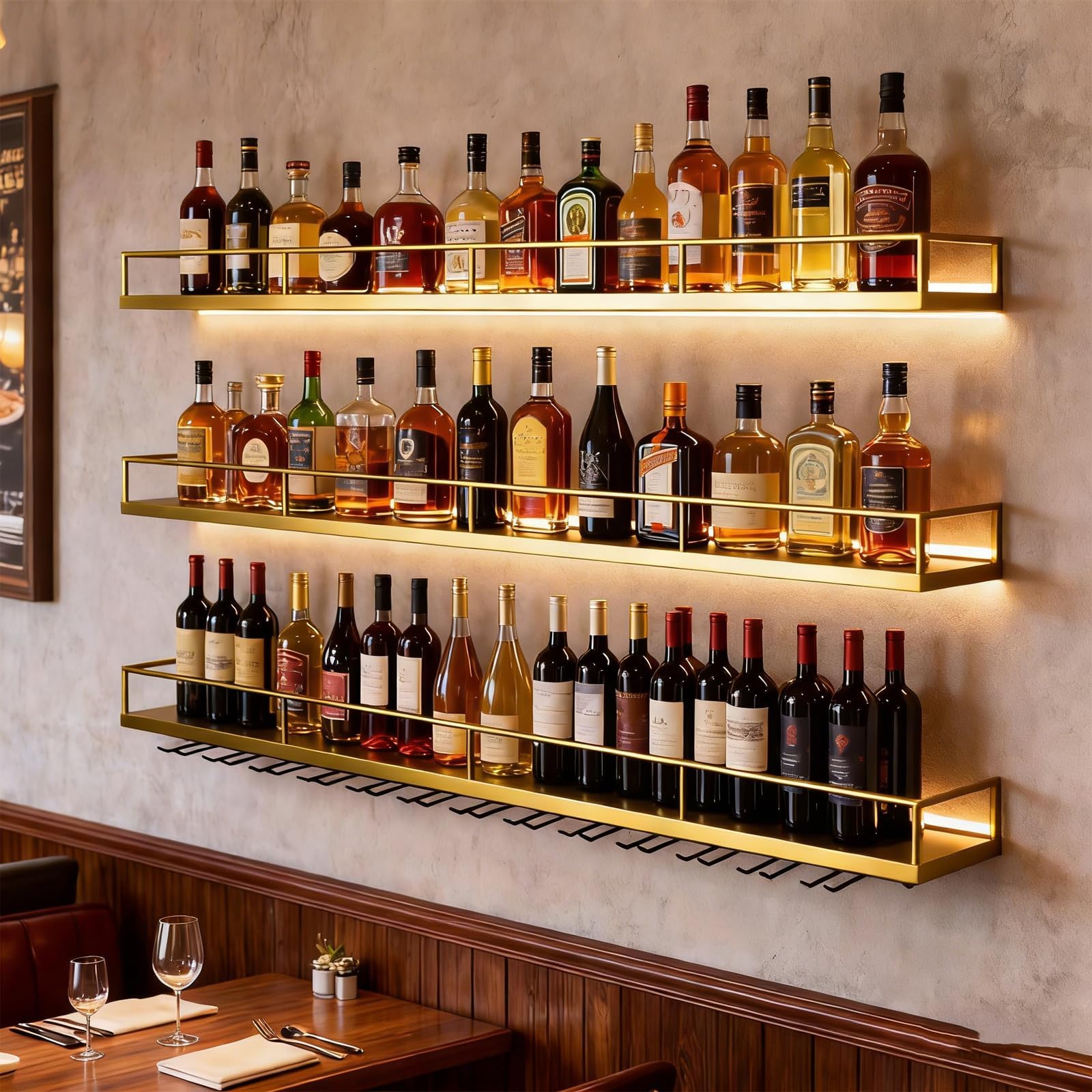 AUSKLEZU 160cm Wall Mounted Wine Rack with LED Lights Glass Holders, Gold