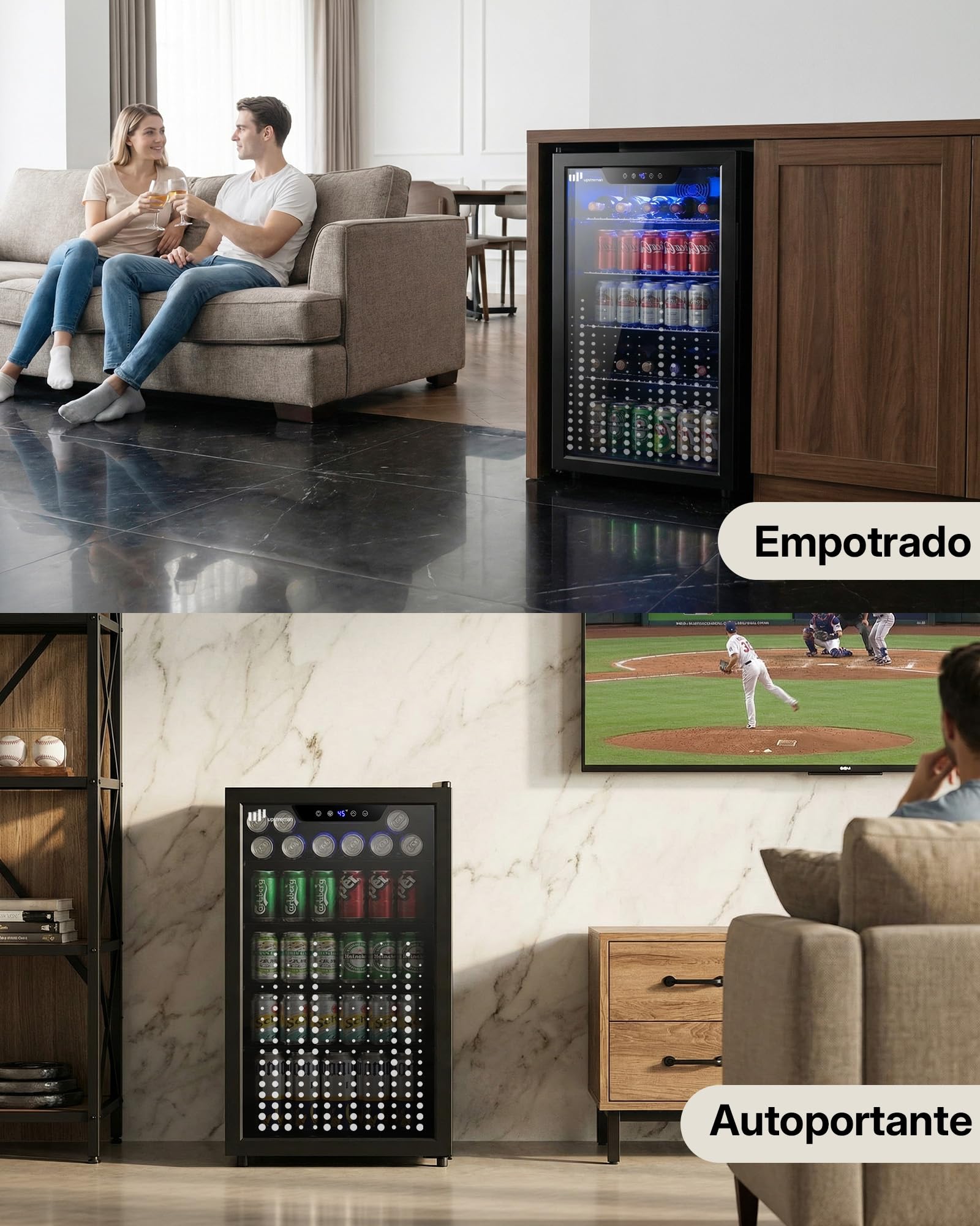 Upstreman Frigorífico de Bebidas 91 L, Mini Nevera con Puerta de Vidrio Doble, Iluminación LED, 4 Estantes Ajustables, 0-15℃, para 126 Latas, Nevera Pequeña para Refrescos, Cerveza y Vino