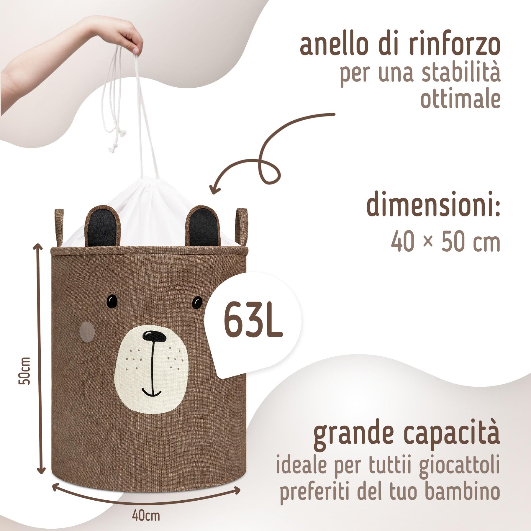 SIPO Cestino giocattolo Premium, XXL 63 l, marrone Bear, organizer pieghevole con coulisse, impermeabile, maniglie, design scandinavo