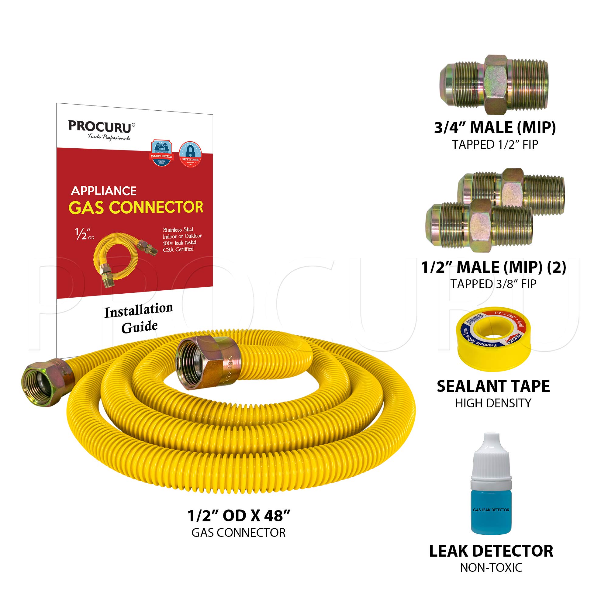 PROCURU SafeGuard - Kit de conector flexible de gas universal de 1/2 pulgada de diámetro exterior x 48 pulgadas (4 pies), tubo de suministro de gas de acero inoxidable recubierto de amarillo para