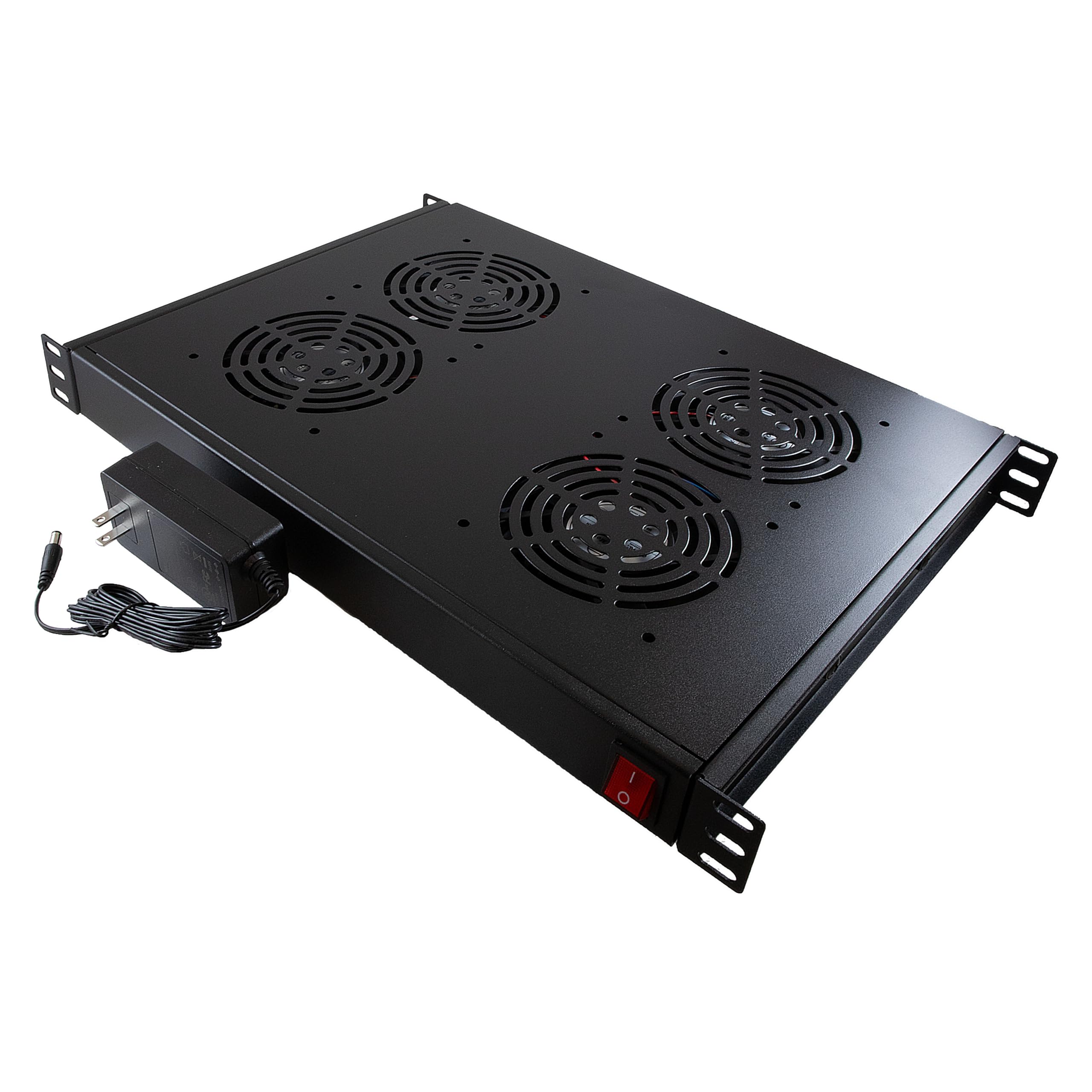 NavePoint 1U 12V DC Fan Unit with 4 Fans, Quiet 46.14 dB-A, 521.8 CFM, UL Power Cord (NEMA 5-15P), Steel Rack Cooling Panel for 19" Server Cabinets