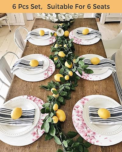 Miniatura 4 de Juego de 4 manteles individuales redondos con diseño floral rosa, lavable, tejido con diseño de flor de cerezo, flor de sakura, rama de árbol,