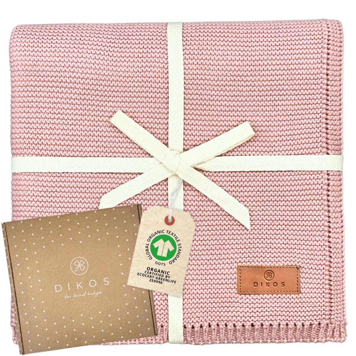 DIKOS Baby Blanket Made of 100% GOTS Organic Cotton Pink 4 Seasons Newborn Cotton Blanket Soft Knitted Blanket Cuddly Blanket Baby Girl First Equipment Baby Gift for Birth