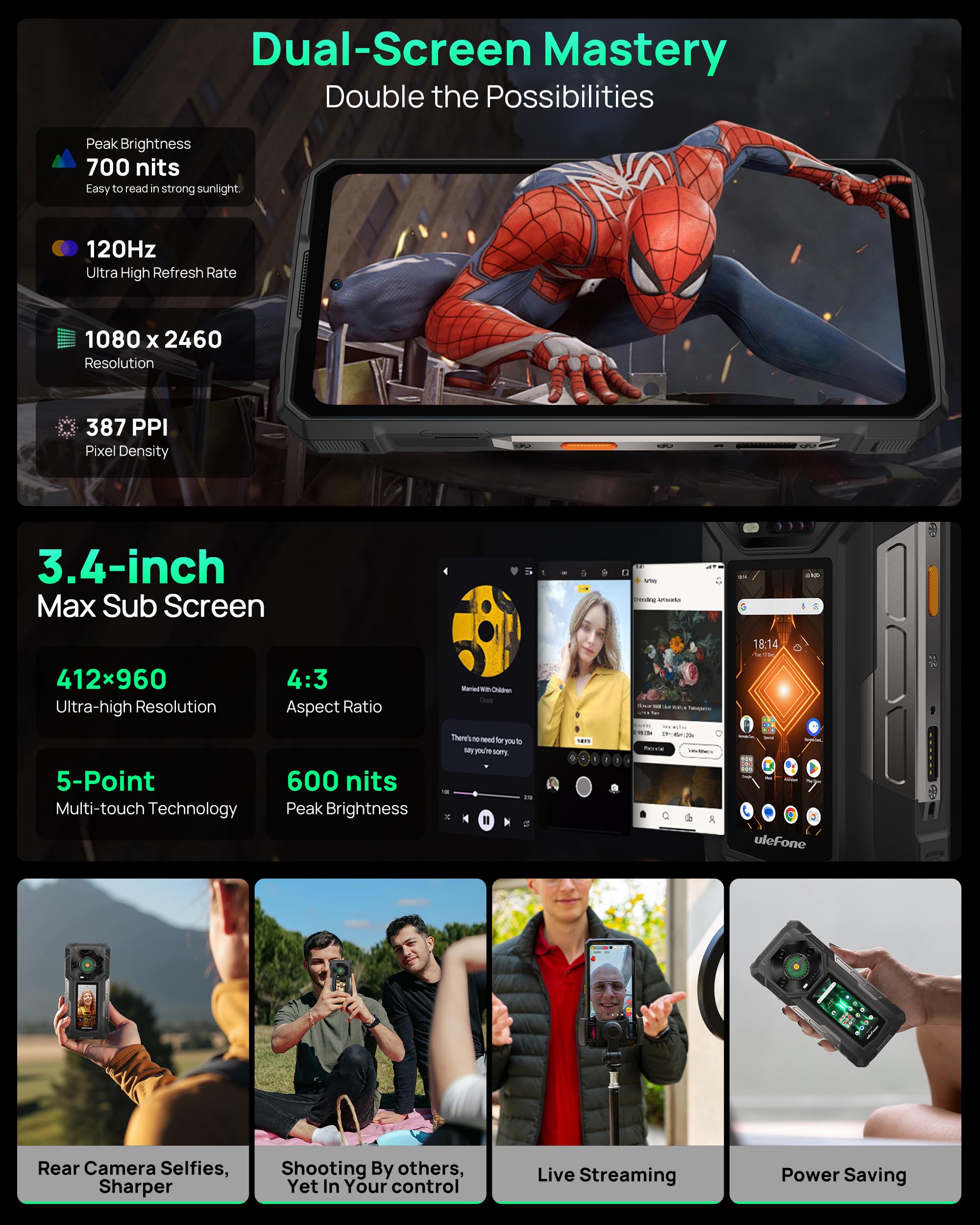 Ulefone 25500mAh Armor 33 Pro Rugged Smartphone 5G, 32GB+512GB/2TB, Dimensity 7300X, 6,95" FHD+ 120Hz+3,4" Schermo Secondario,50MP+64MP+32GB, Android 14 Telefono Indistruttibile, WIFI6E/NFC/GPS