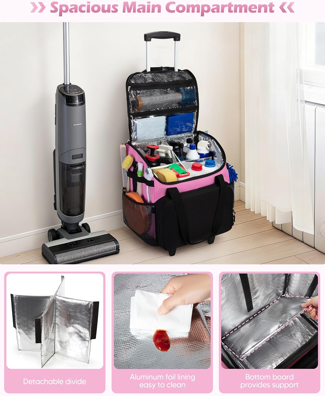 Large Rolling Cleaning Caddy Bag with Detachable Trolley, Cleaning Supplies Organizer with Wheels for Housekeepers, Pink - Image 4