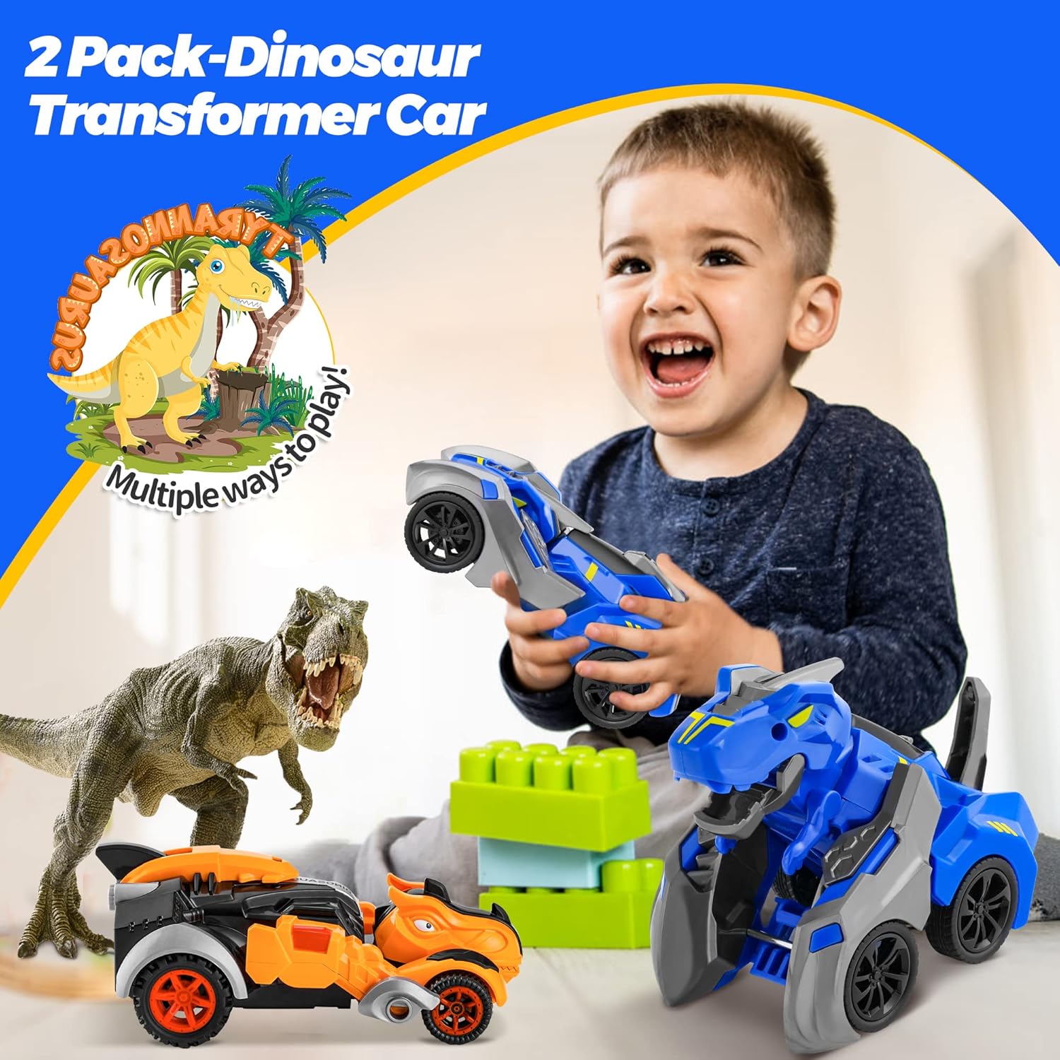 2 PACK Dinosaur Transforming Car, Toys for Boys Girls Age 37 Kids Toys