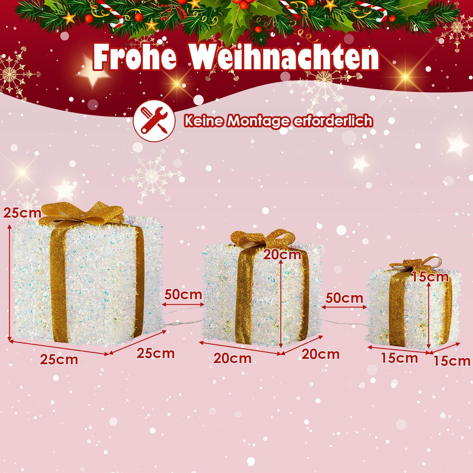 COSTWAY LED Geschenkbox 3er Set, beleuchtete Weihnachtsdeko mit 200 warmweißen LED-Lichtern, Weihnachtenbox mit goldenem Schleifen, Weihnachten Dekoboxen, Weihnachtsbeleuchtung für außen & innen