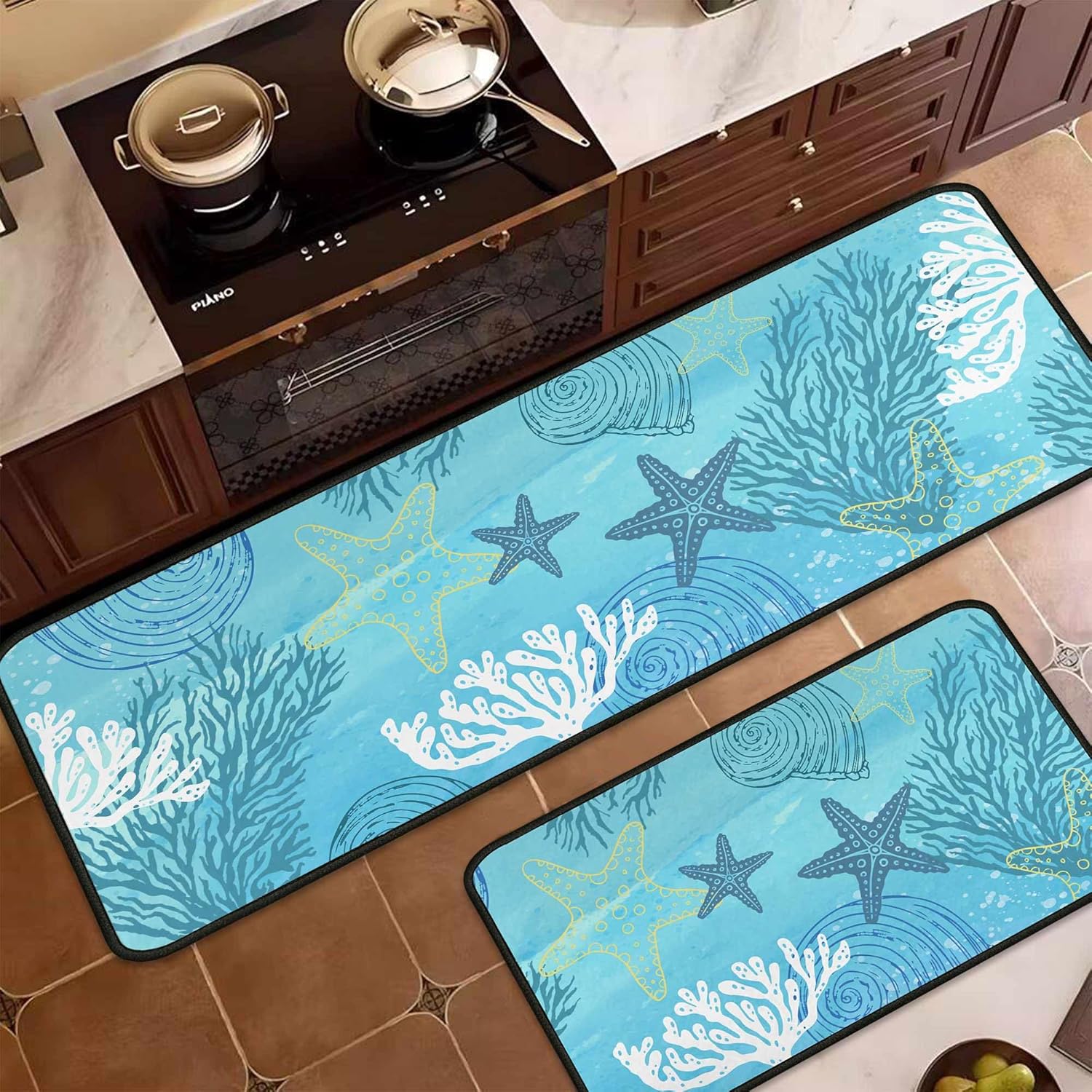 Coastal Beach Kitchen Rugs and Mats for Floor, Summer Decorations for Home, 2 Pcs Non-Slip Backing Nautical Kitchen Mat, Summer Decor Starfish Ocean Kitchen Rug Sets with Runner 17"x47.2"+17"x30"