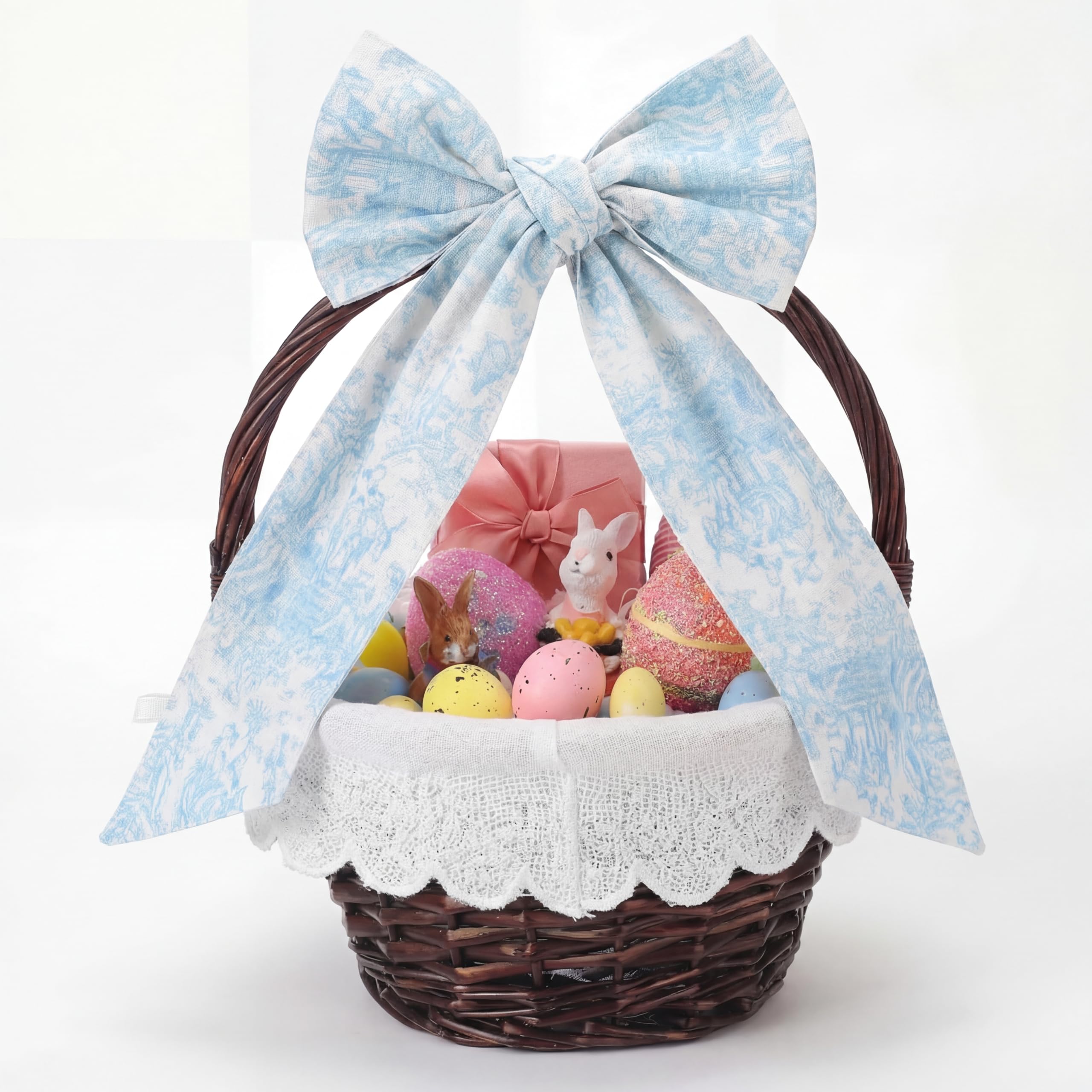 Photo 1 of Qinyoung Easter Wicker Basket with Bow Large Blue Gift Basket with Handle Scallop Liner for Spring Picnic Egg Candy Gathering Diaper Caddy Changing Table Towels Wine Storage Wedding Decor