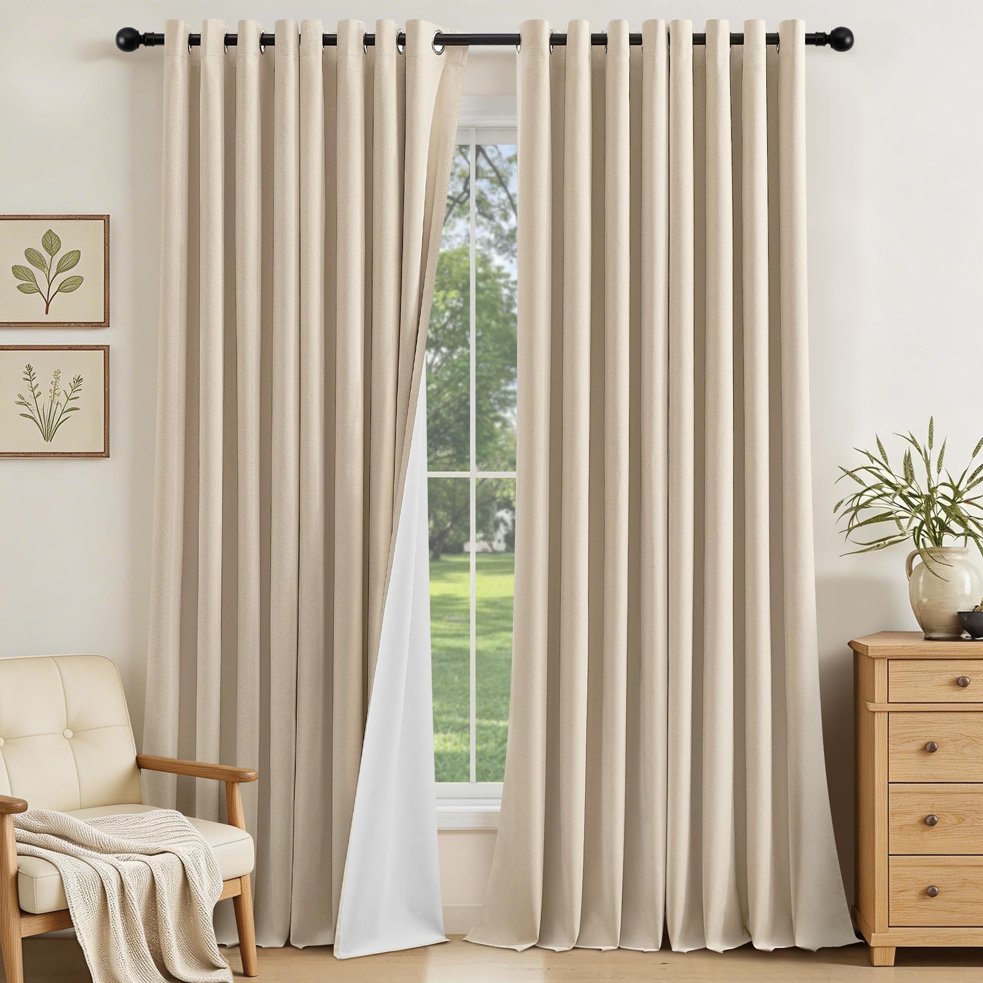 100% Blackout Curtains with Coating 102 Inch Drop 2 Panels Cream Linen Texture Energy Saving Sun Blocking Privacy Thermal Eyelet Curtains for Bedroom Living Room Window One Pair 52"W x 102"L