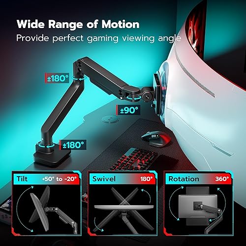 Miniatura 4 de ARES WING Brazo de monitor ultraancho para pantalla curvada de alta resistencia de 17 a 49 pulgadas, soporta 44 libras, soporte de escritorio