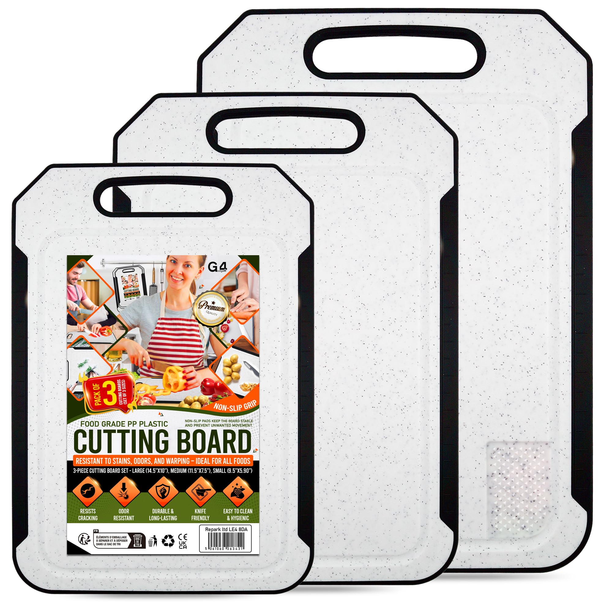 G4GADGET Chopping Board Set of 3 – 36.5x25.5cm / 30x20cm / 25x15cm – Heavy Duty Cutting Boards with Handle, Non-Slip, Deep Juice Grooves, Dishwasher Safe Kitchen Boards for Meat, Vegetables, Fruits