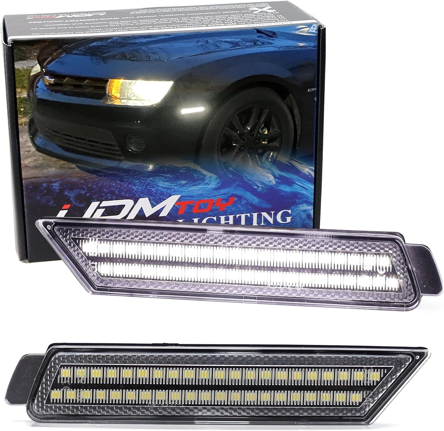 iJDMTOY Semi-Clear Lens 42-SMD White Double-Row LED Front Bumper Side Marker Light Kit Compatible With 2010-15 Chevy Camaro Replace OEM Front Amber Sidemarkers