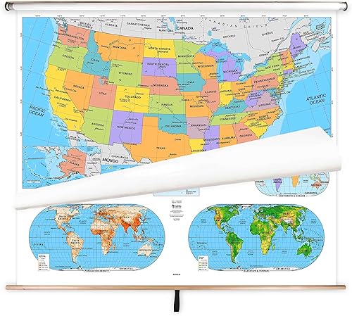 BrightWay Educational - Juego de mapas desplegables para aulas primarias de Estados Unidos y del mundo [con paneles educativos] | Mapas de pared Con