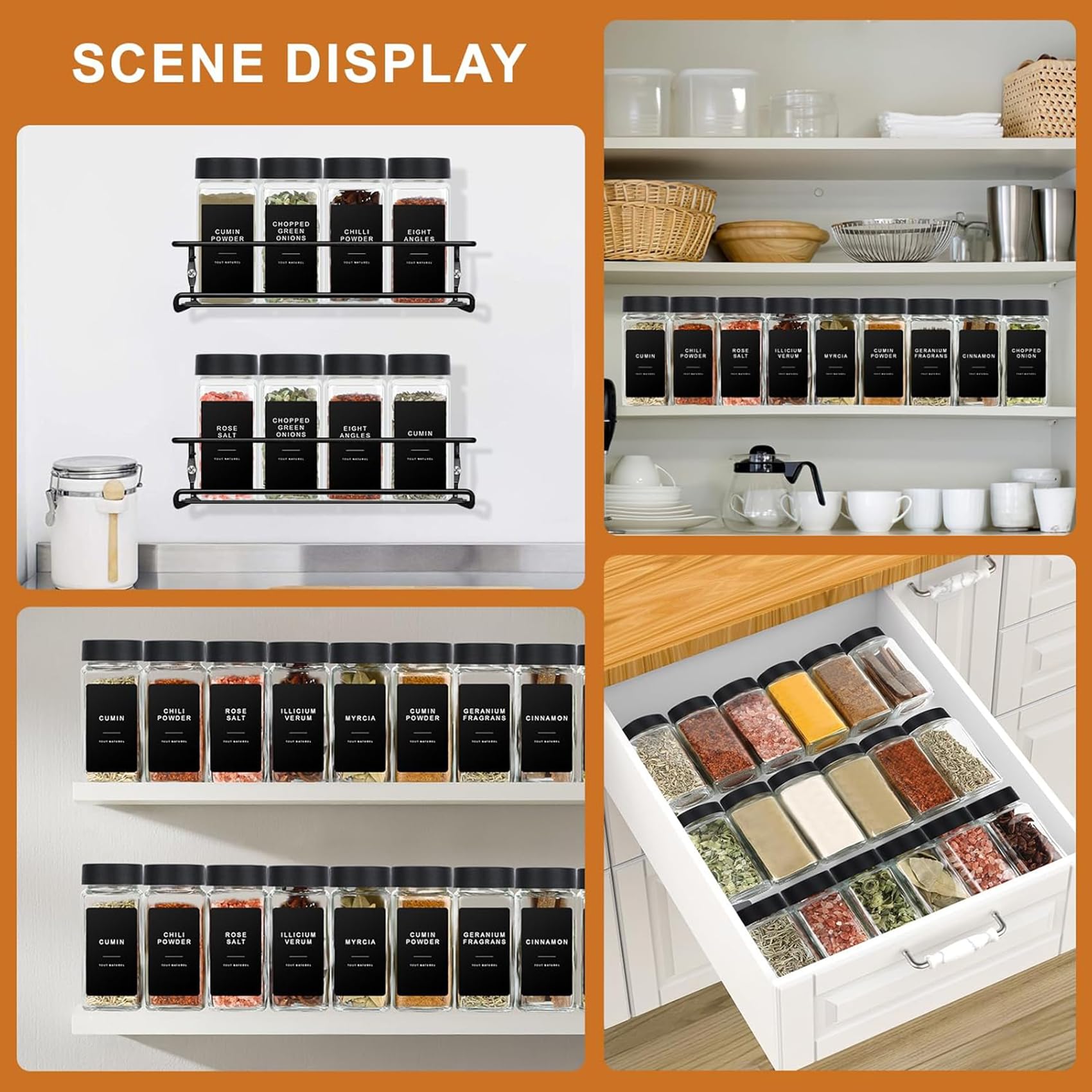 Lot de 24 bocaux à épices avec insert à saupoudrer de 120 ml + 192 étiquettes étanches - Bocaux à épices hermétiques carrés - Saupoudreur à épices en verre - Spice Jars Set - Bocaux à épices