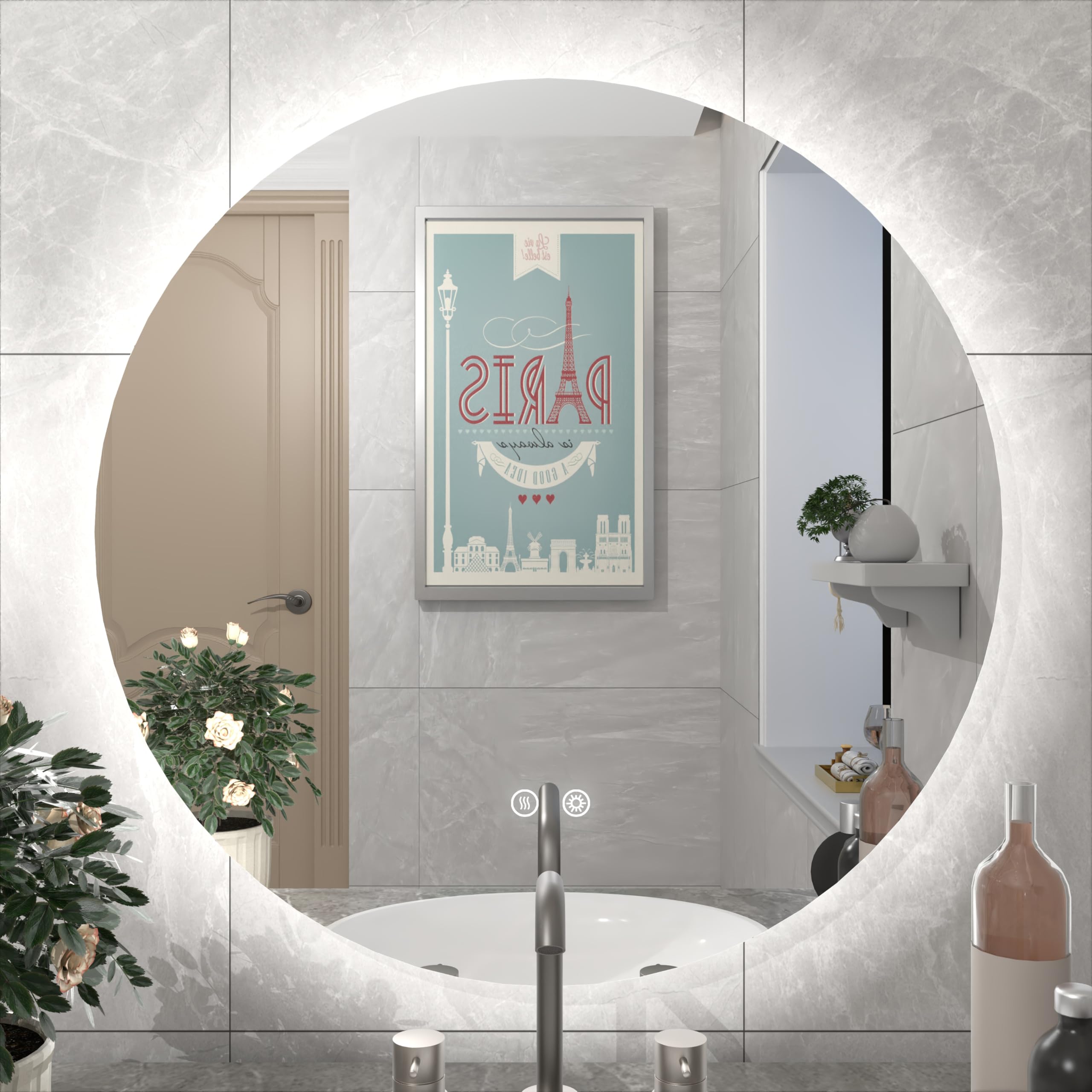 Photo 1 of JSneijder 28 Inch Round Backlit Mirror LED Bathroom Mirror with Lights, Anti-Fog Dimmable Round Lighted Vanity Mirror, Wall Mounted Circle LED Makeup Mirror Touch Switch and CRI 90+ Backlit Round 28 IN