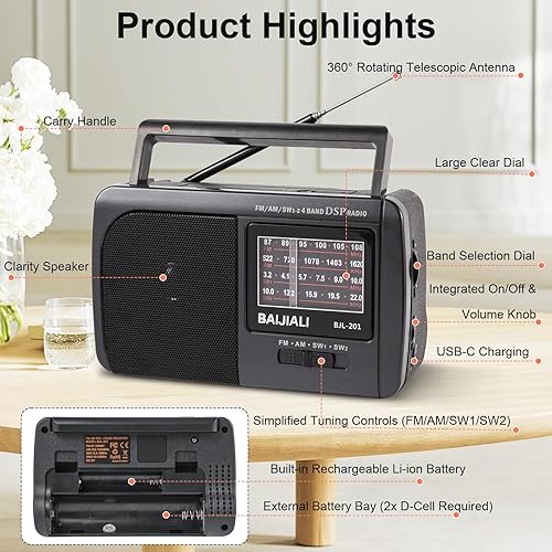 Miniatura 3 de Radio portátil de onda corta AMFMSW1SW2, diseño de transistor retro con altavoz de 3 W, funciona con pilas para uso doméstico, al aire libre y