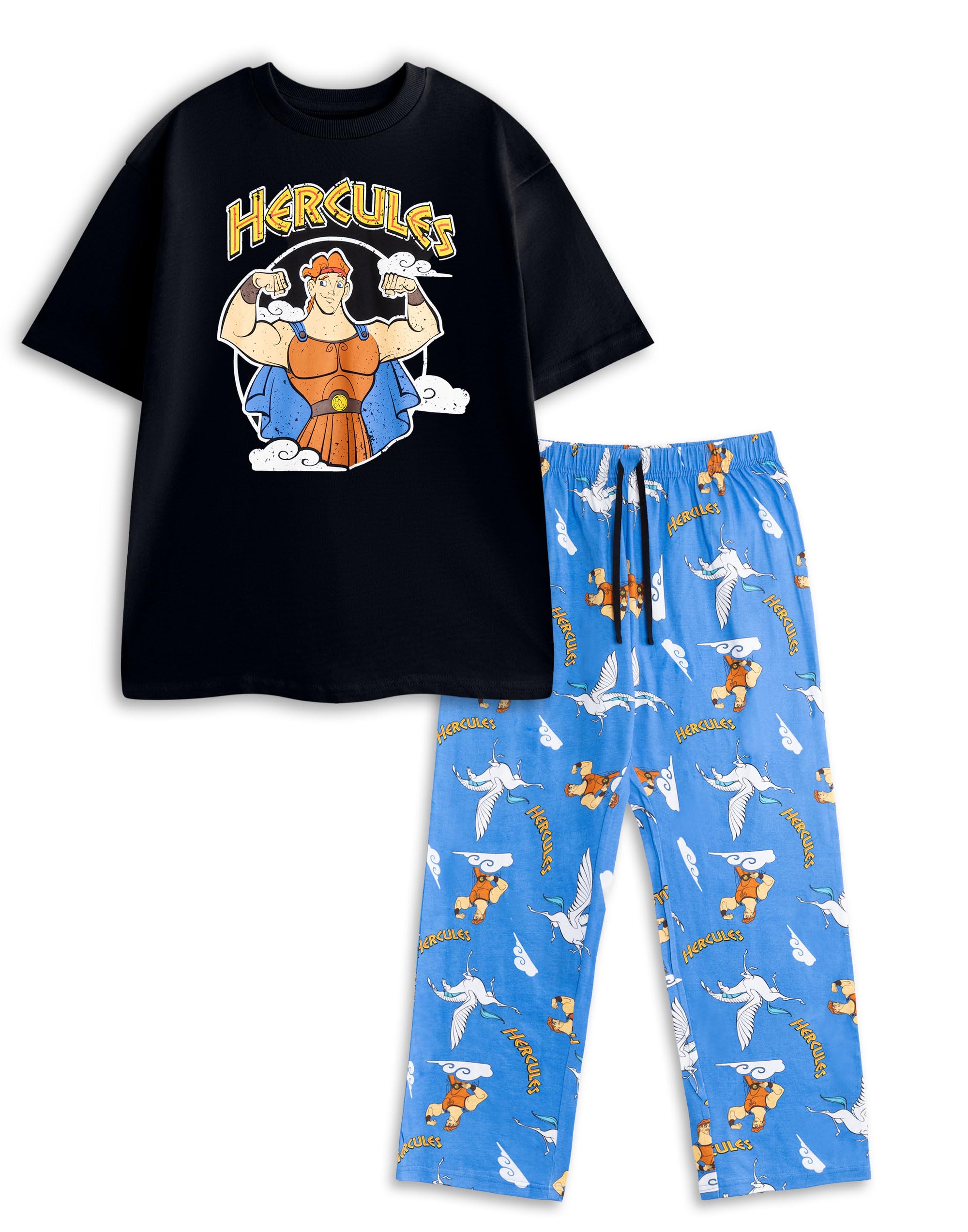 Disney Men's Black Hercules And Blue Short Sleeve Long Leg Pyjama Set | Cartoon Loungewear & Sleepwear | Comfortable Nightwear For Relaxation Merch - XX-Large