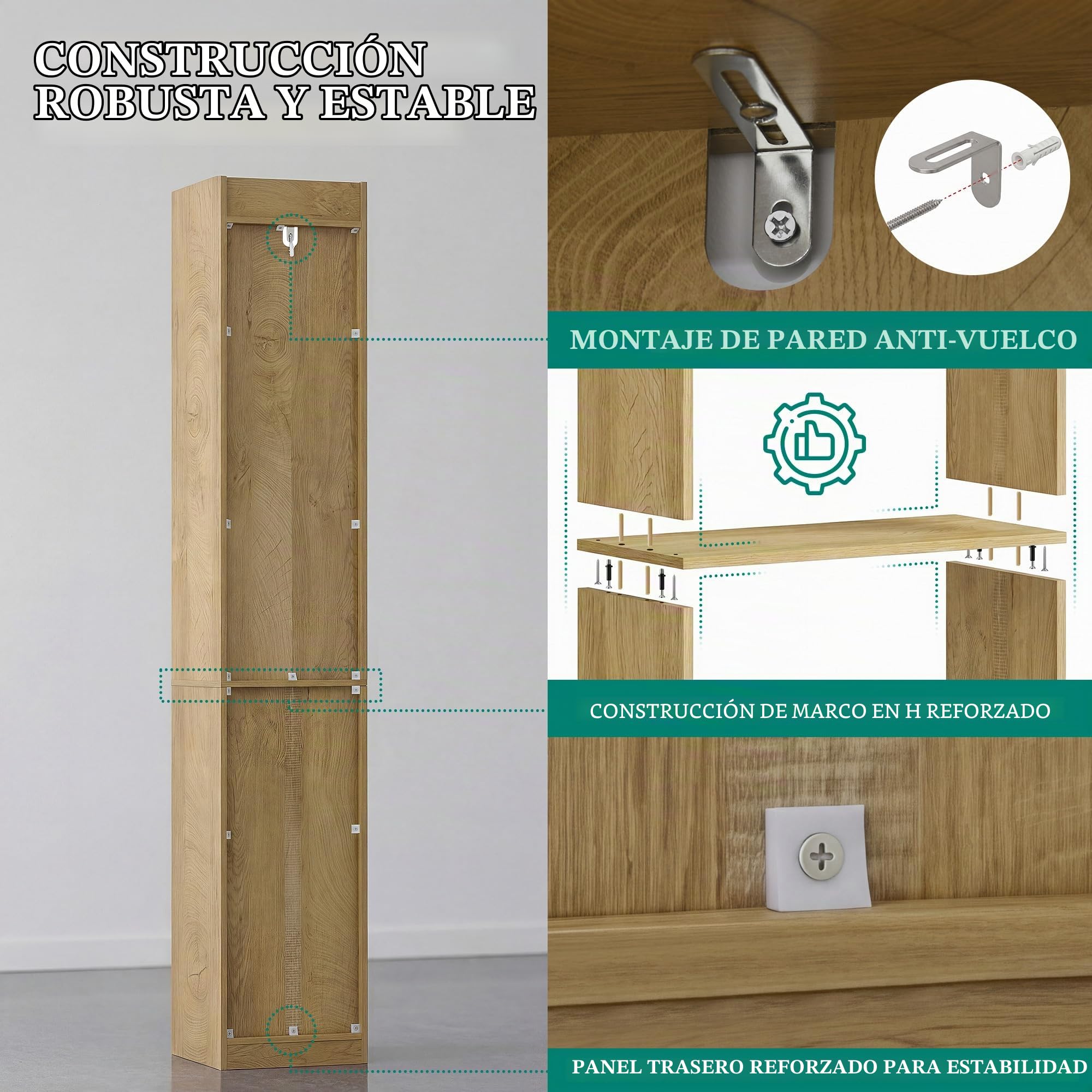 YITAHOME Estantería Alta y Estrecha estantería esquinera Estrecha con 5 estantes y 2 cajones de Tela, estantería Independiente para salón, Dormitorio y Oficina, Acabado Roble