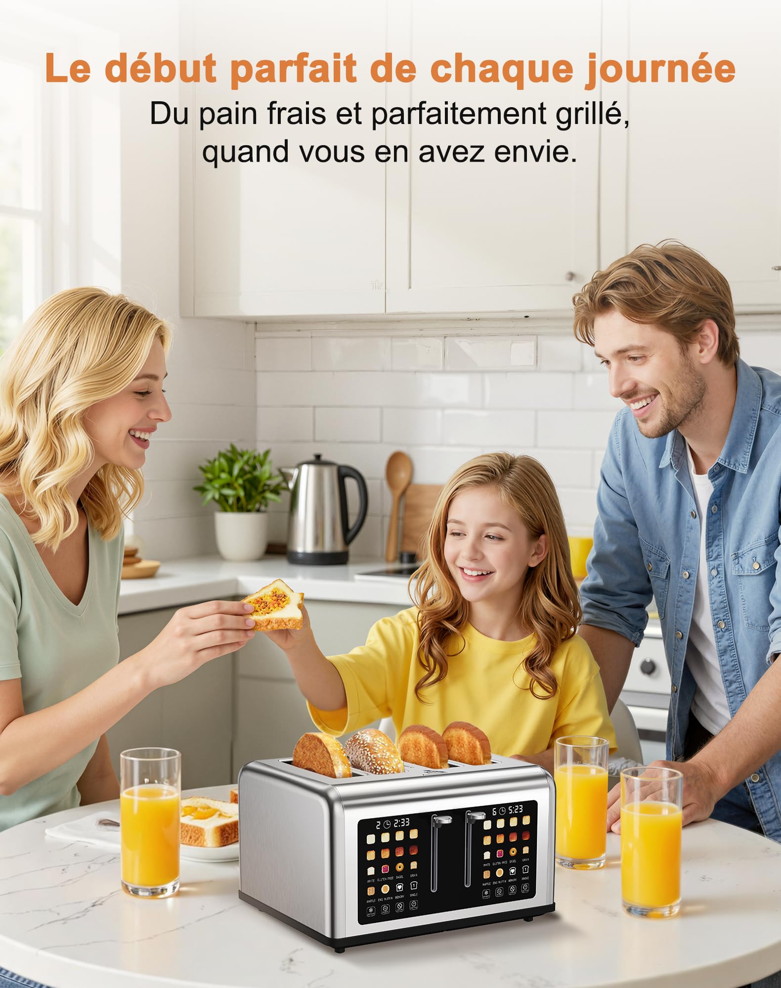 Grille pain 4 Fentes avec Tactile Contrôle Dual Indépendant, Toaster Fonction Décongeler/Réchauffer/Annuler/Mémoire/Décompte du temps restant, 8 Niveaux de Brunissemen, Tiroir ramasse-miettes amovible