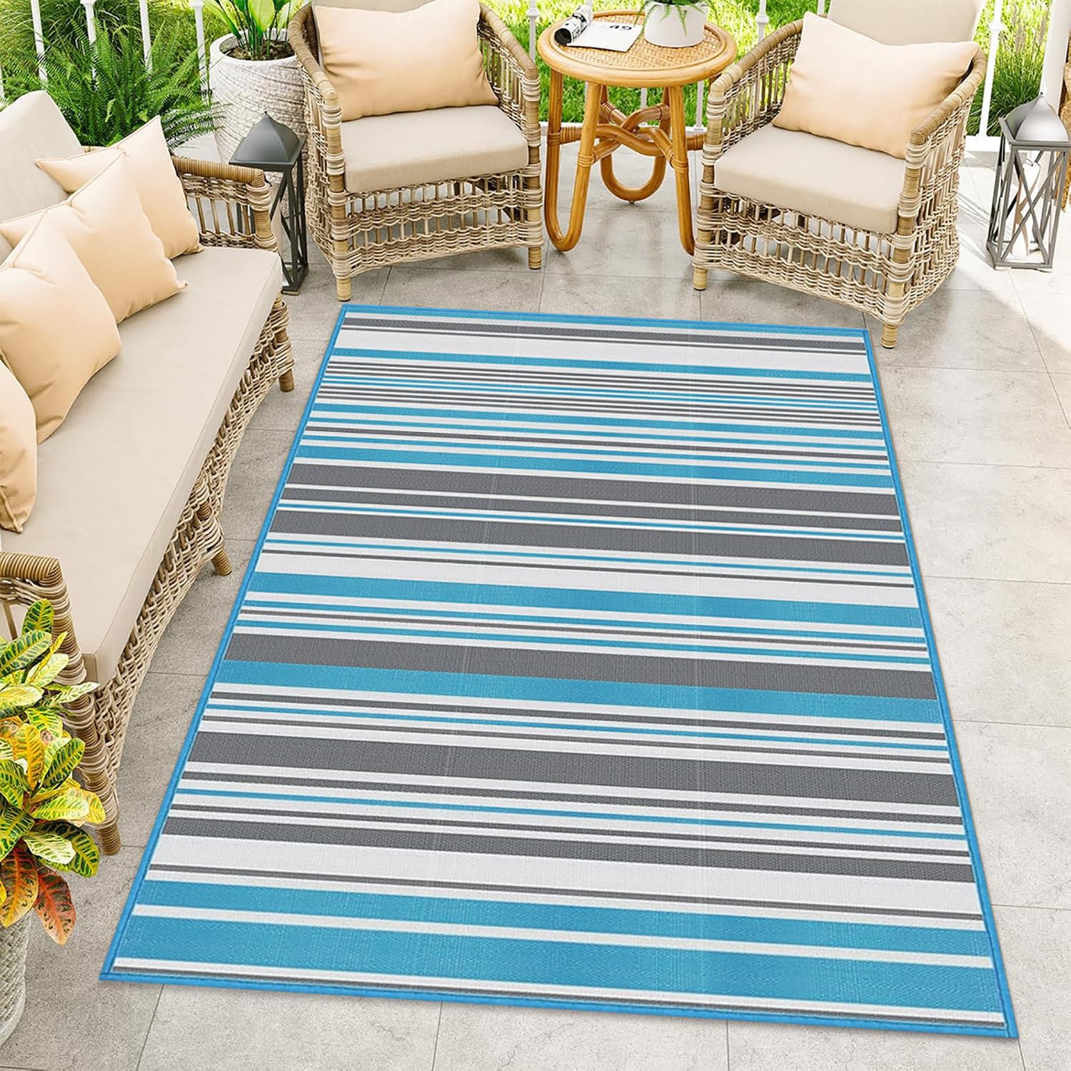 Balkonteppich Wasserfest Outdoor Flach Gewebt Gestreift Kunststoffteppich,Recycelter Premium UV-Beständig Camping Teppich Outdoor Reversible Matte für Garten Picknick Terrassenteppich,150x240cm
