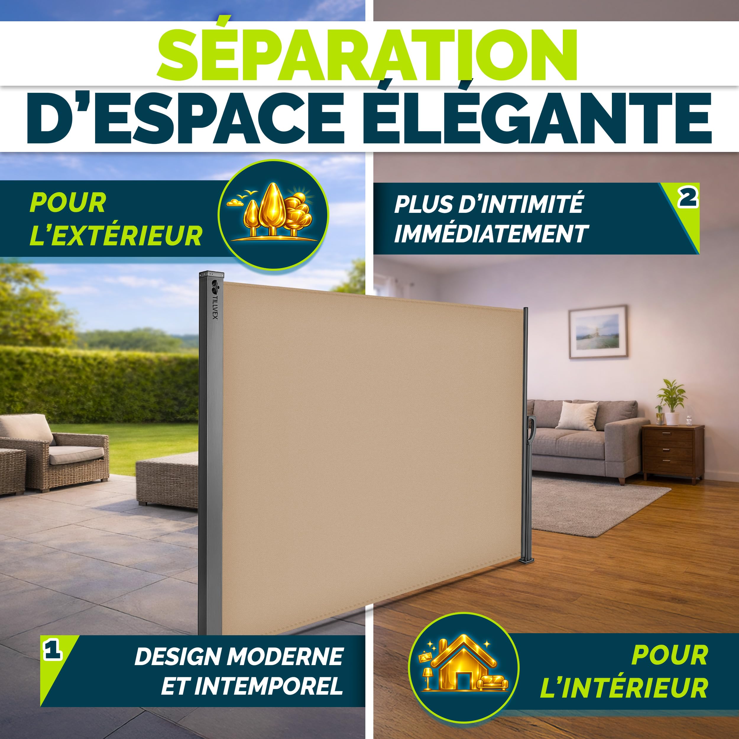 tillvex® Store latéral 160 x 400 cm extensible et opaque avec Housse de protection | Brise-vue pour balcon, jardin et terrasse | Support mural | Protection solaire en acier inoxydable | Contre le vent