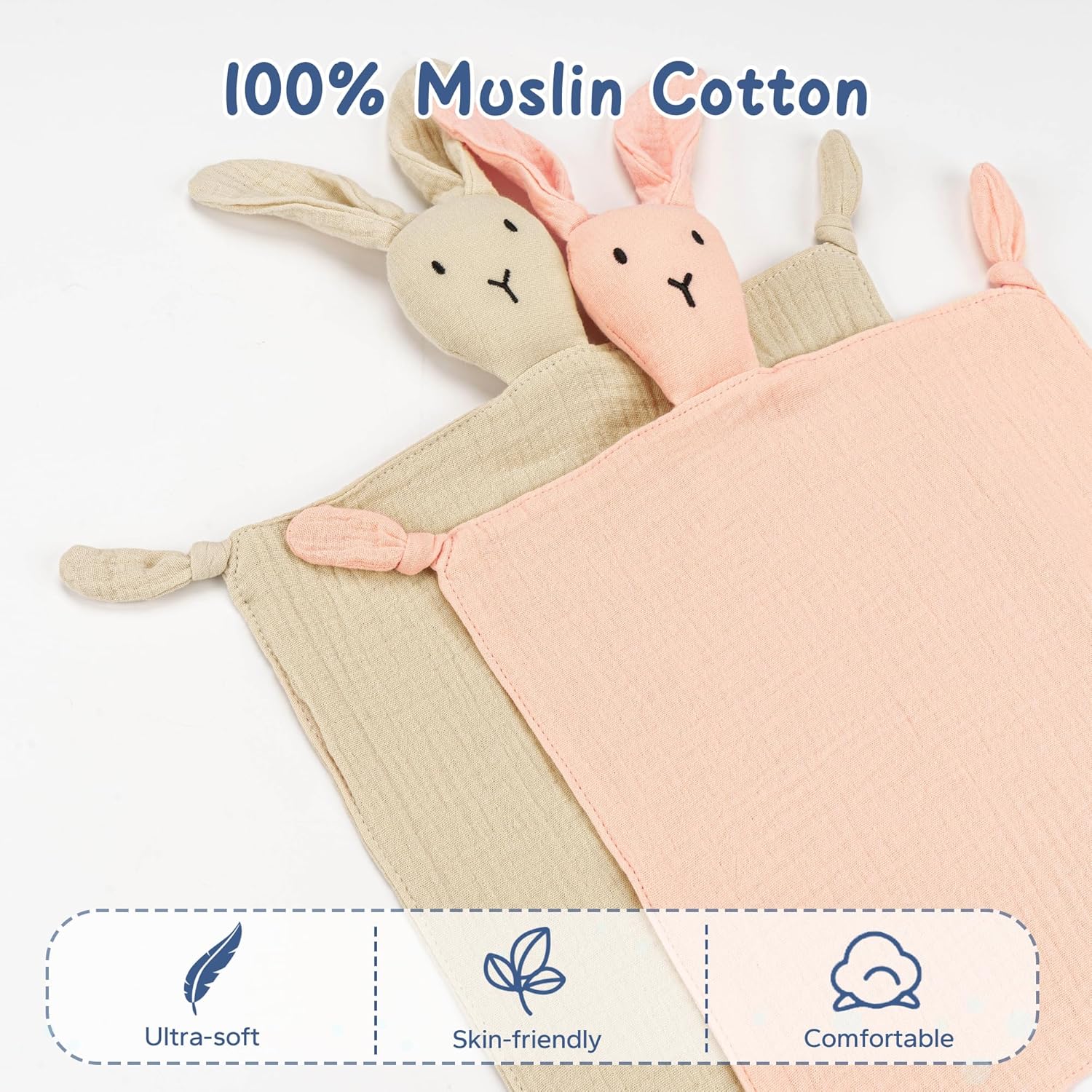 ZIGJOY Bunny Lovey Muslin Cotton Baby Security Blanket Soft Breathable Lovies for Babies Gifts for Newborn Infant Toddler Boys and Girls, Pink & Khaki