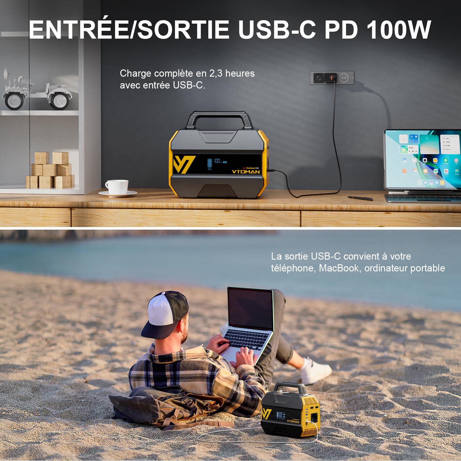 VTOMAN FlashSpeed 300 Station Électrique Portable -110W Panneau Solaire | 230Wh/300W (600W Pic) Camping Générateur, Batterie LiFeP04, 100W USB-C/230V AC Sortie pour Domestique, Pêche