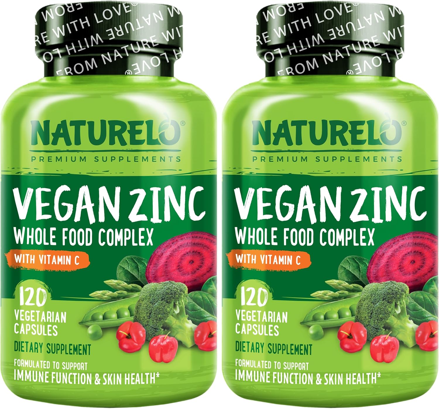 NATURELO Vegan Zinc Immune Support Capsules – Whole Food Complex with Vitamin C for Healthy Skin, Hair, and Nails – 120 Capsules (Pack of 2)
