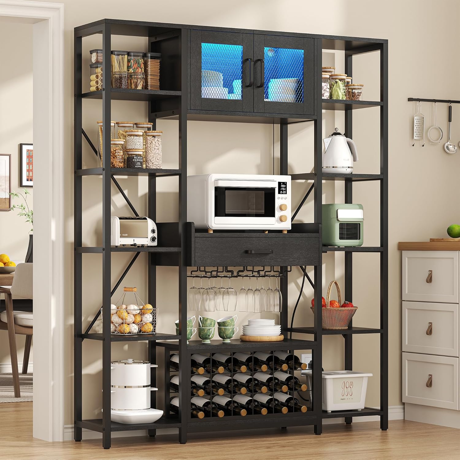 Semoic 65.35'' Bakers Rack with Power Outlet - Large Microwave Stand Kitchen Storage Cabinets with Drawer, Coffee Bar Organizer, Industrial Wine Bar Cabinet LED Light,10 Display Shelves, Black (Black)