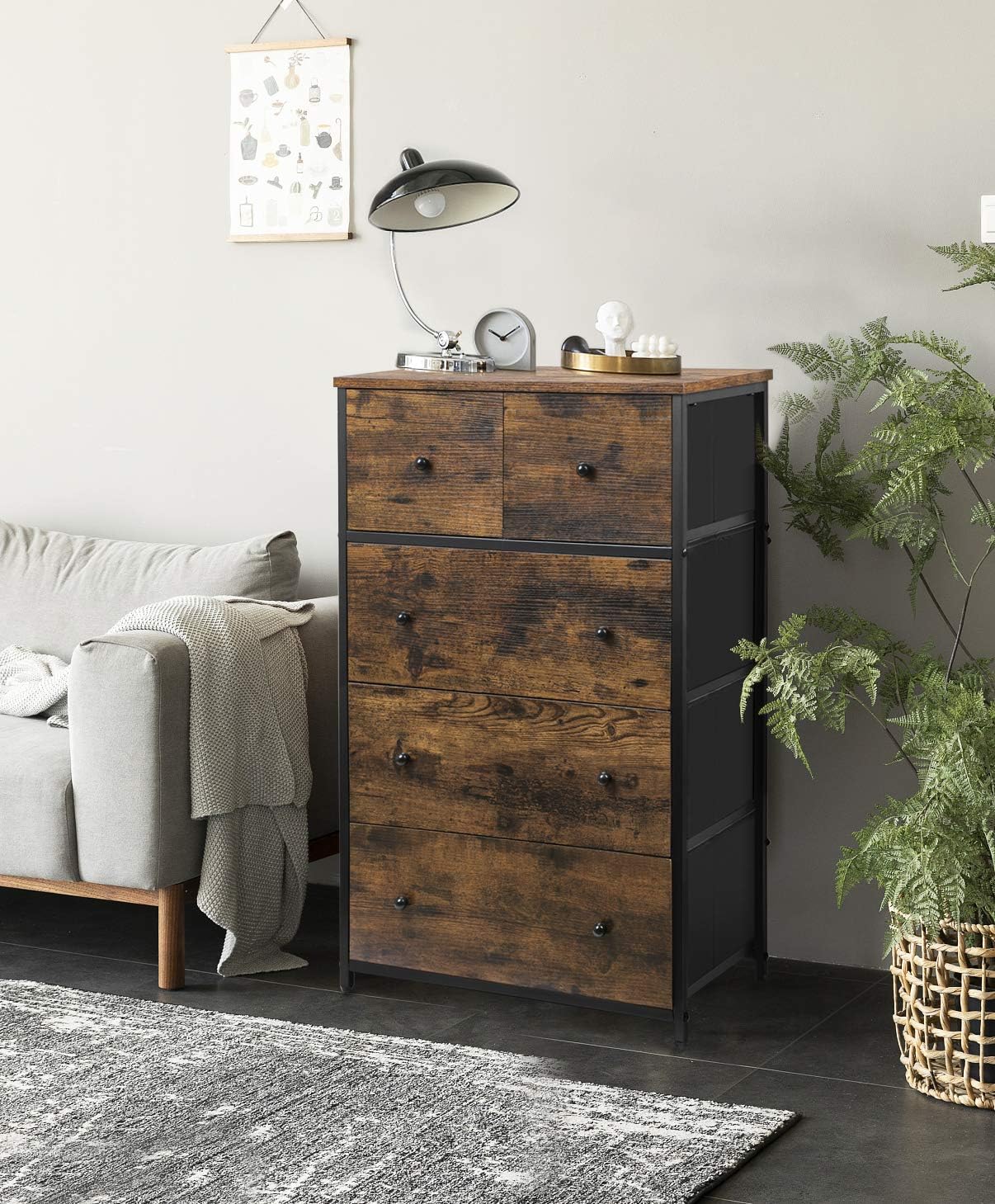 70% оƒƒ Dіѕсоunt CASATOCA Tall Dresser, Rustic Storage Cabinet with 5 Fabric Drawers, Organizer Unit for Bedroom, Entryway and Closets, Sturdy Steel Frame, Wooden Front and Top, Rustic Brown and Black