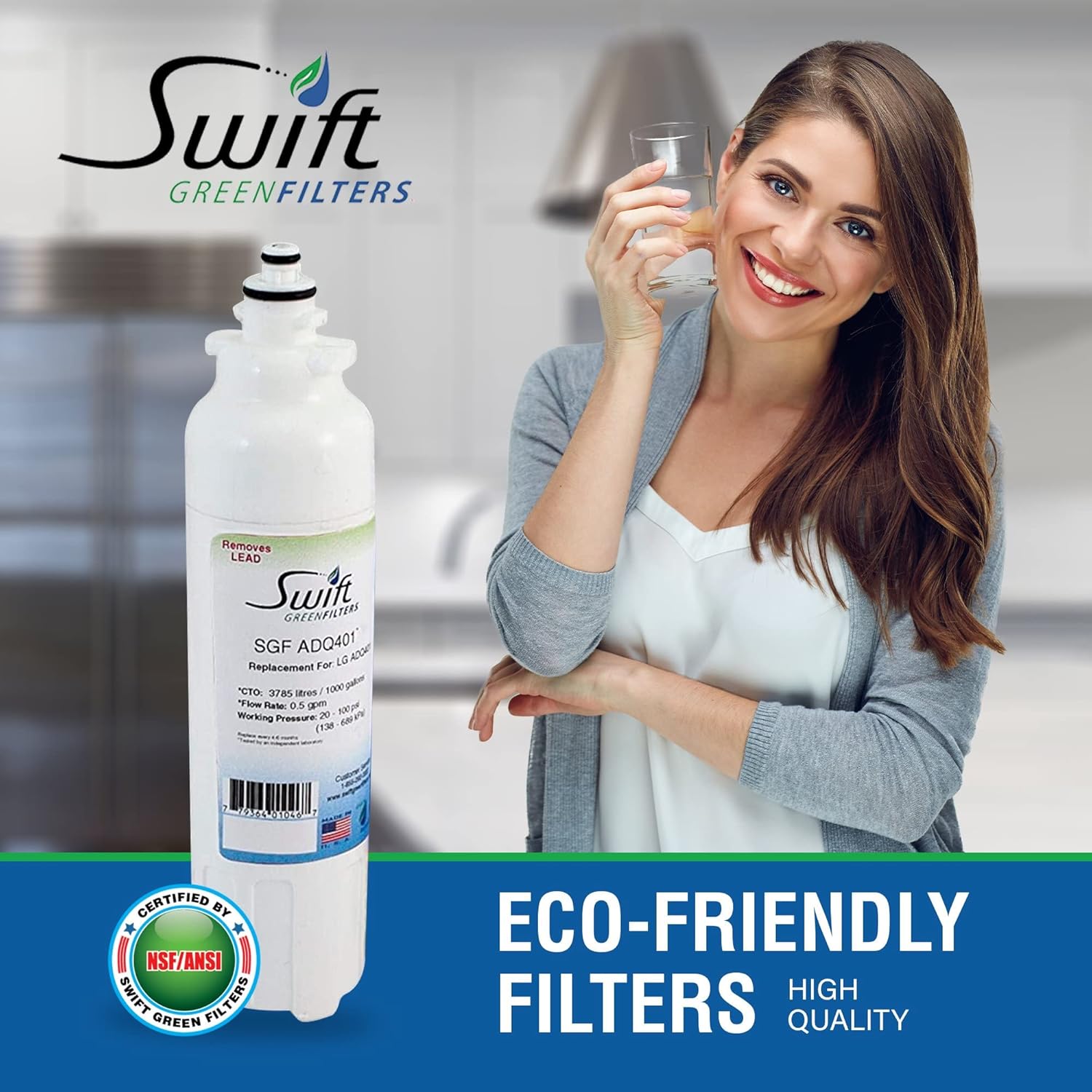 Swift Green Filters SGF-ADQ401 Compatible Refrigerator Water Filter for LG LT800P, ADQ73613401, Made in USA (3 Pack)