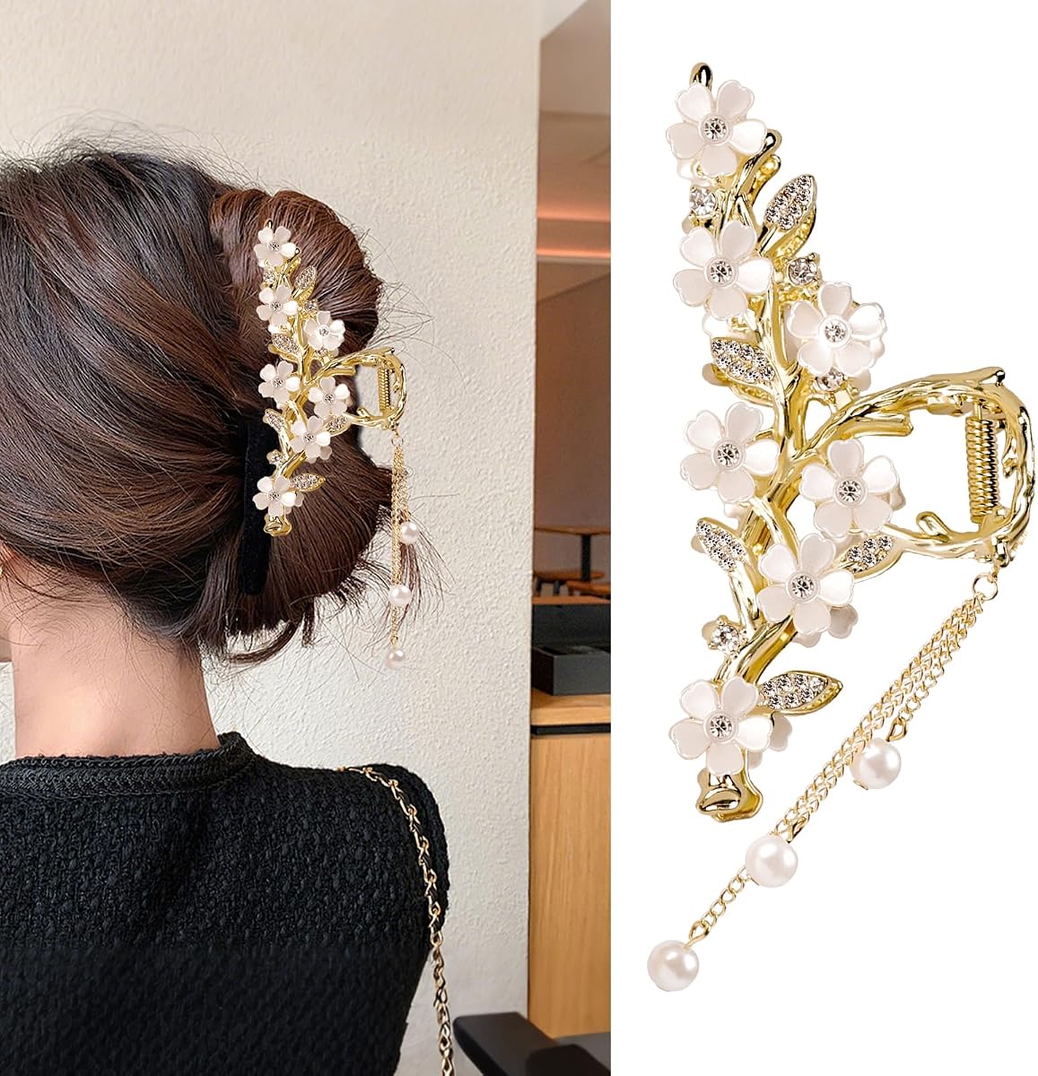 Elegant Floral Hair Clip Jasmine Flower Claw Clip with Rhinestones Pearl Tassel Metal Non Slip Hair Clips for Women Temperament Pearl Hair Bun Clips Back of The Head Shark Clip Decorative