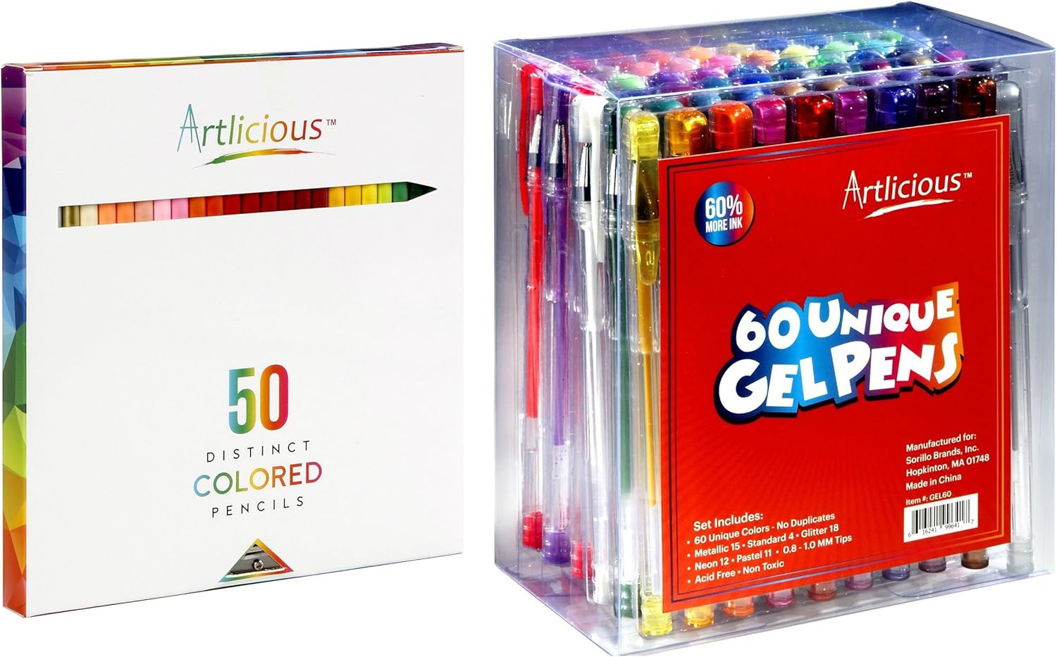 Artlicious 50 Premium Distinct Colored Pencils & 60 Deluxe Unique Gel Pens Combo Set