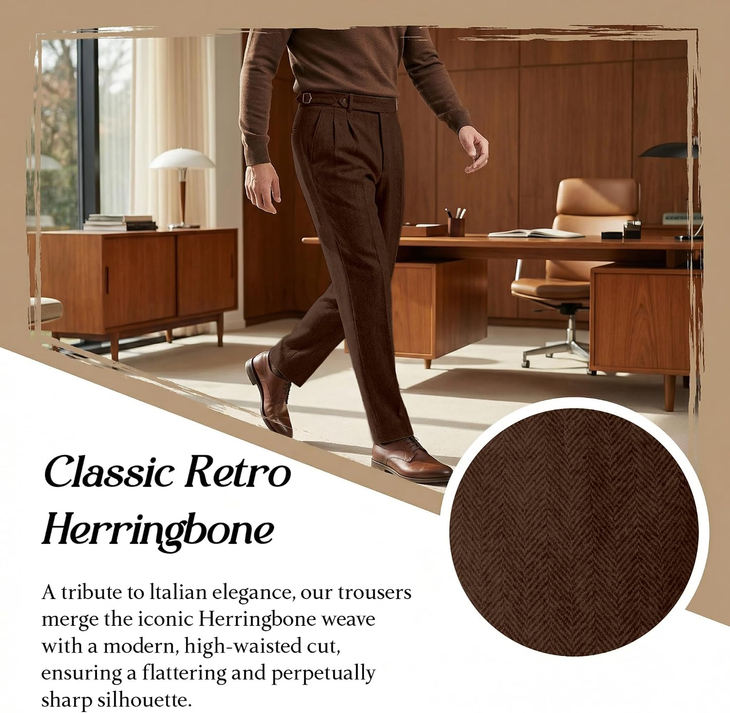 Mens Tweed Pants Retro British Dress Pants Classic Slim Fit Herringbone Pants for Men Pleat Front Business Plaid Trousers