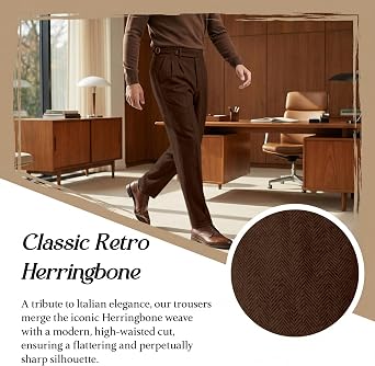 Mens Tweed Pants Retro Dress Pants Herringbone Pleat Front Plaid Trousers | Classic, Slim Fit, Vintage, Wool Blend, Business Casual, Formal, Old Money, Zipper Fly, Straight Fit, Expandable Waist