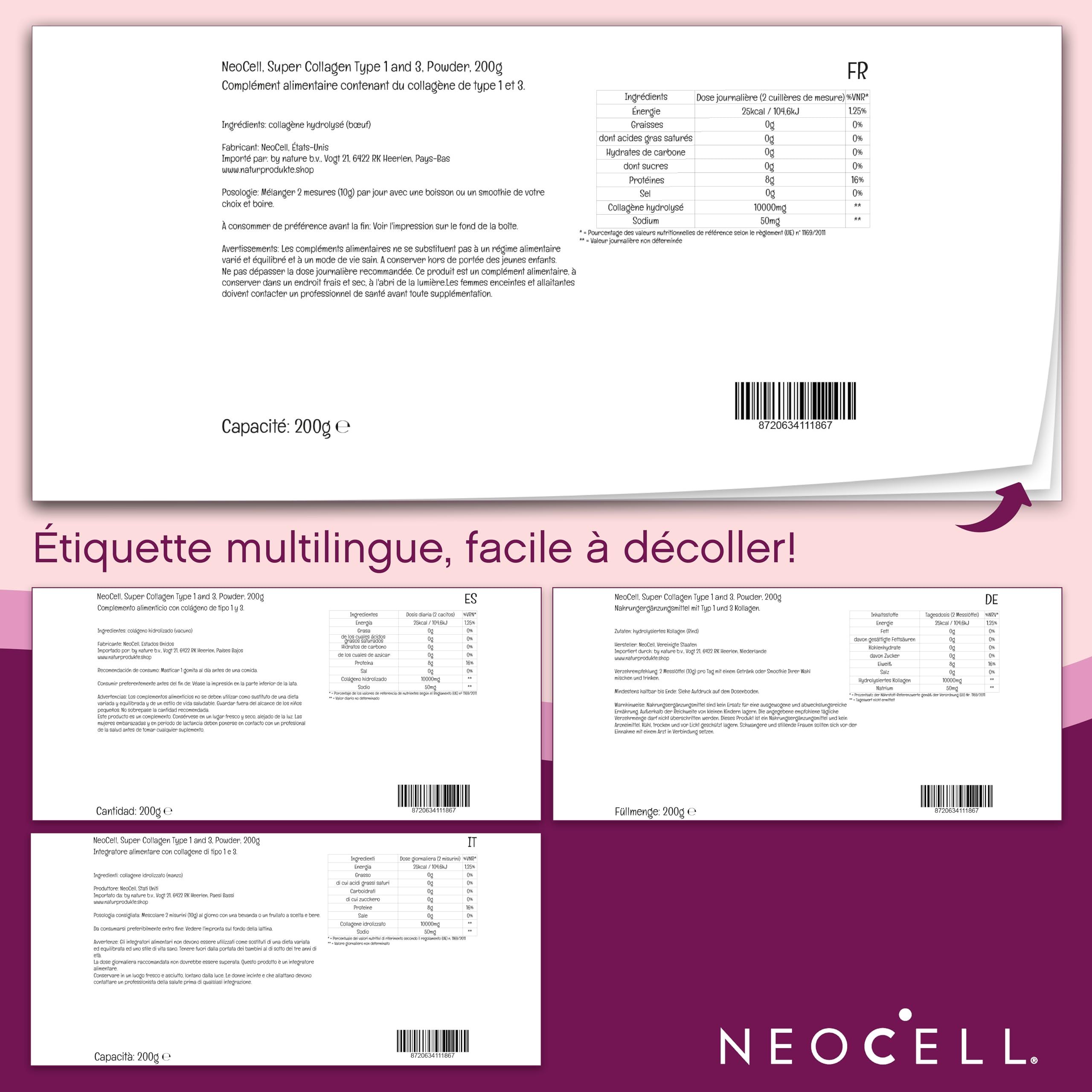 NeoCell, Super Collagen Peptides, Type 1 and 3, Peptides de Collagène, 200g Poudre, Sans Gluten, Sans Soja, Sans OGM