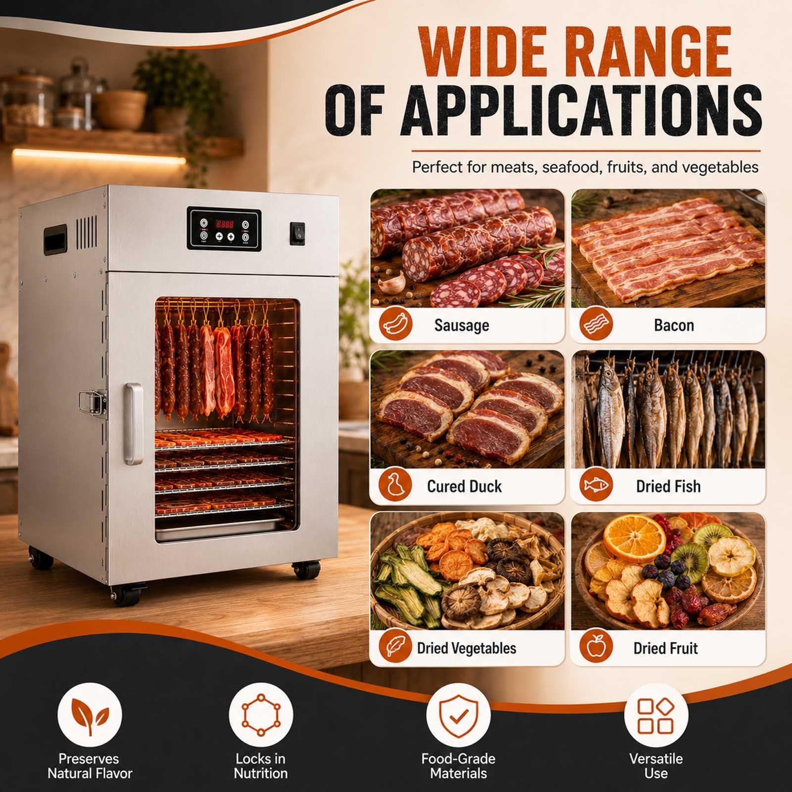 Dry Ager Für Fleisch Mit 360°-Luftstrom Und 30–90 °C Regelung Withgrid | 800 W Edelstahl-Reifeschrank Mit 30–90 °C, 24-H-Timer, 360°-Heissluft, 14 Haken Und 5–7,5 Kg Kapazität.