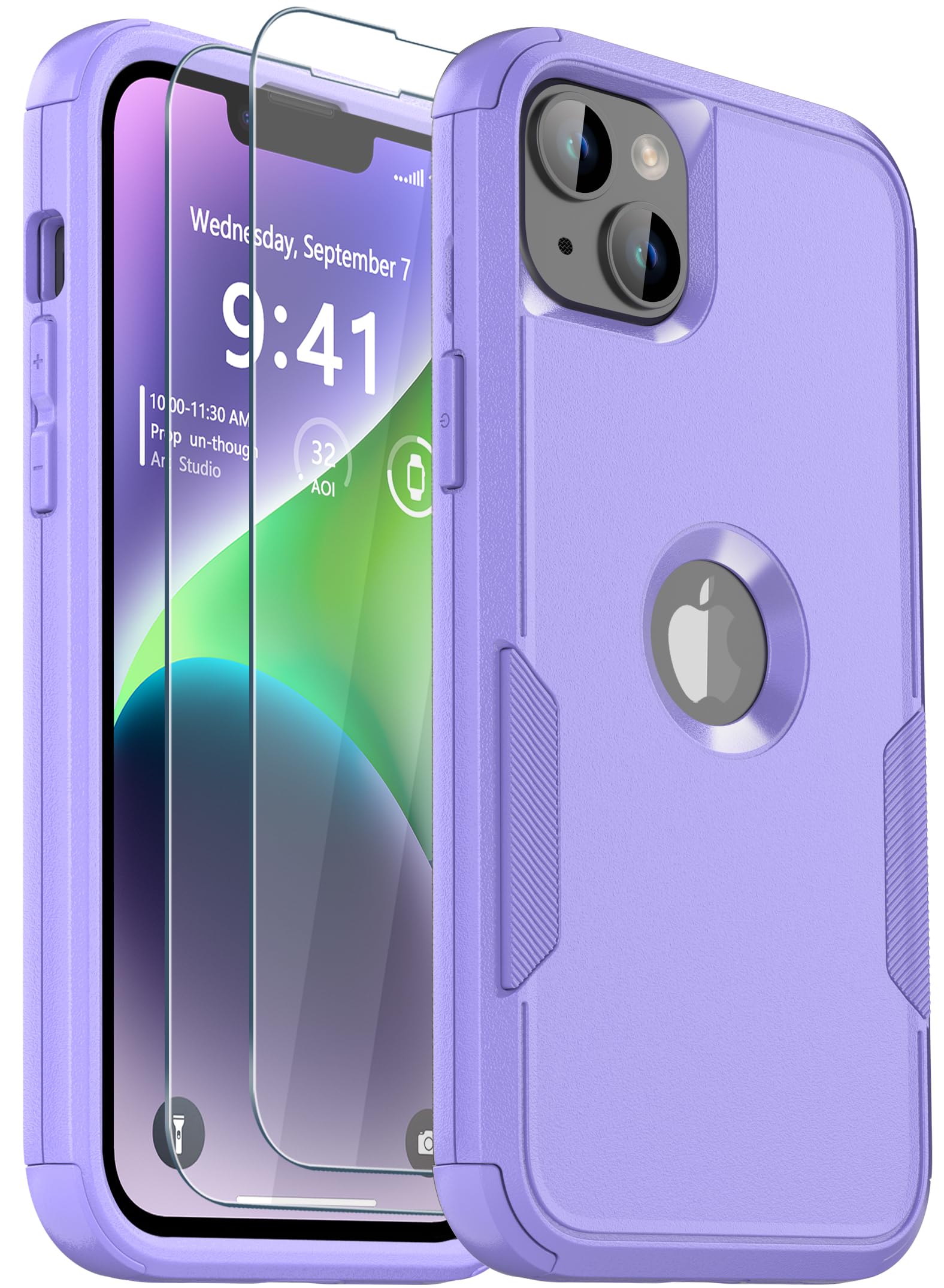 Guirble Phone Case for iPhone 13 and iPhone 14, Non-Slip Shockproof 10 Ft Military Dropproof Phone Case with 2 Tempered Glass Screen Protectors, 6.1 Inch (Light Purple)