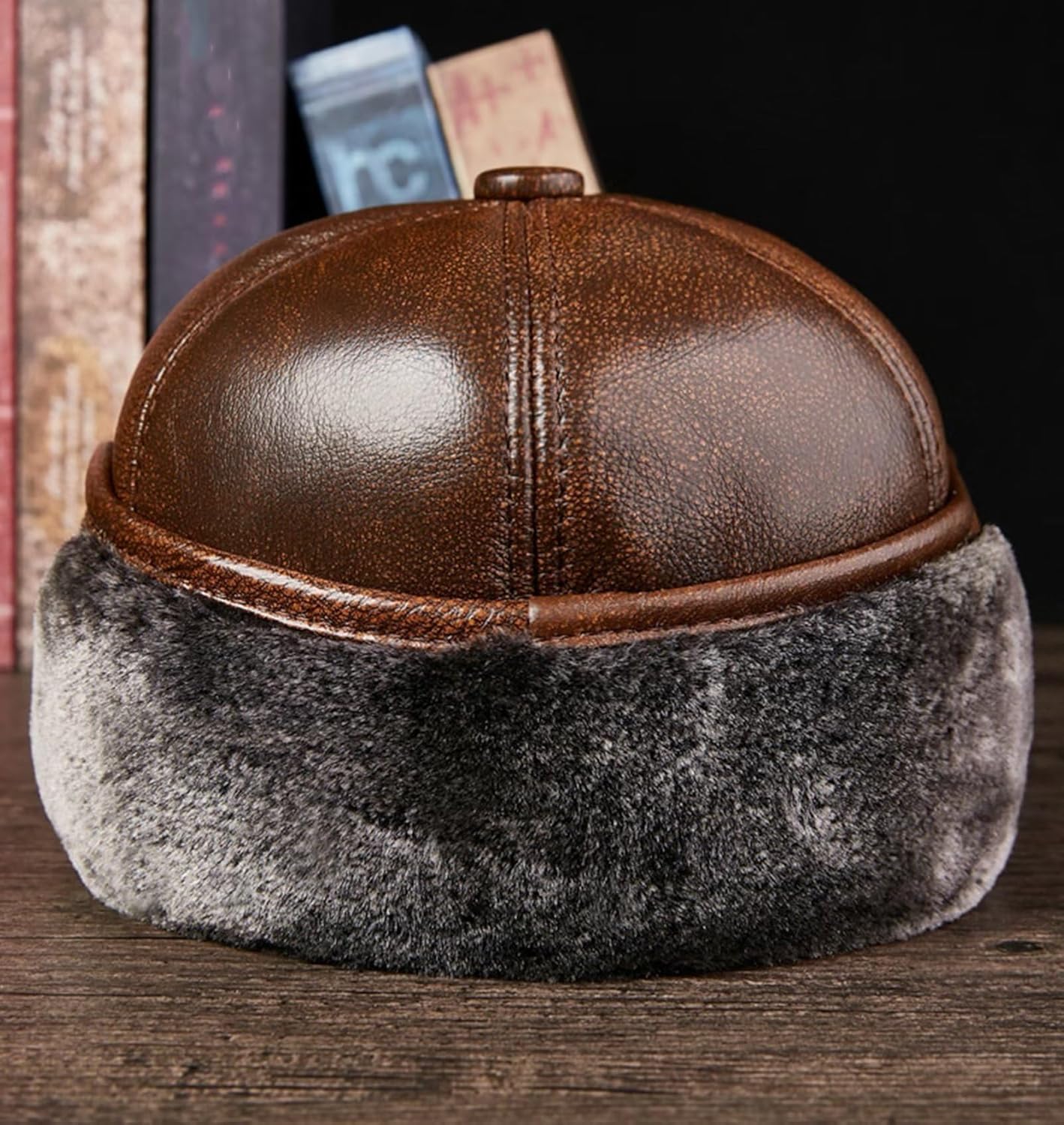 Men Leather Trapper Hat Trooper Winter Warm Hunting Hat Women Earflap Skiing Hat Cap Aviator Bomber Hats Baseball Cap (Brown-XL
