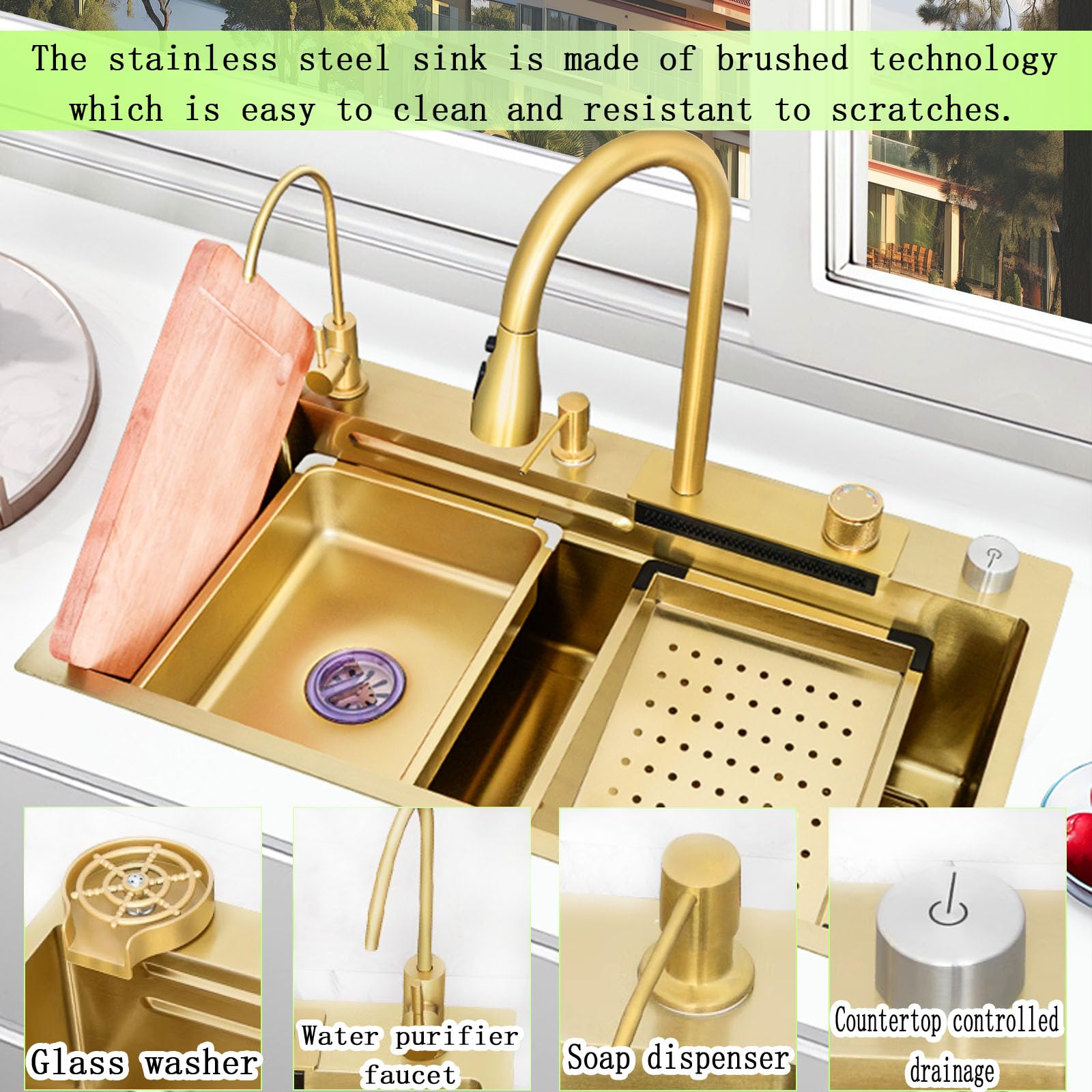 Fregadero multifuncional pila de lavar fregadero multifuncional fregadero cocina 1 seno con escurridor encimera fregadero acero inoxidable(80 x 45 x 22 cm, dorado)