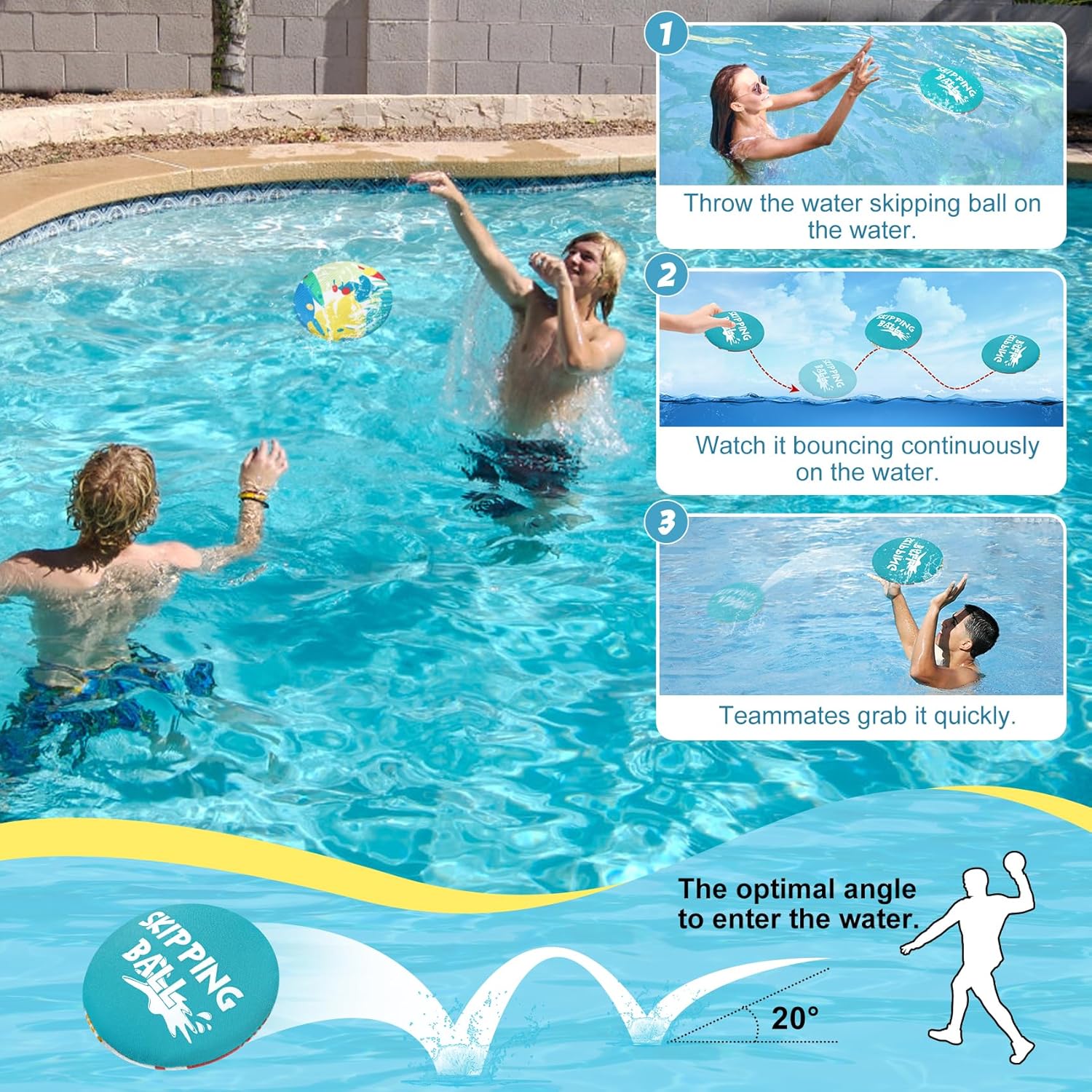 4 Pack Water Skip Ball for Beach Toys, Splash Water Bouncing Ball Beach Ball with Mesh Bag, Pool Balls for Swimming Pool Beach River Lake