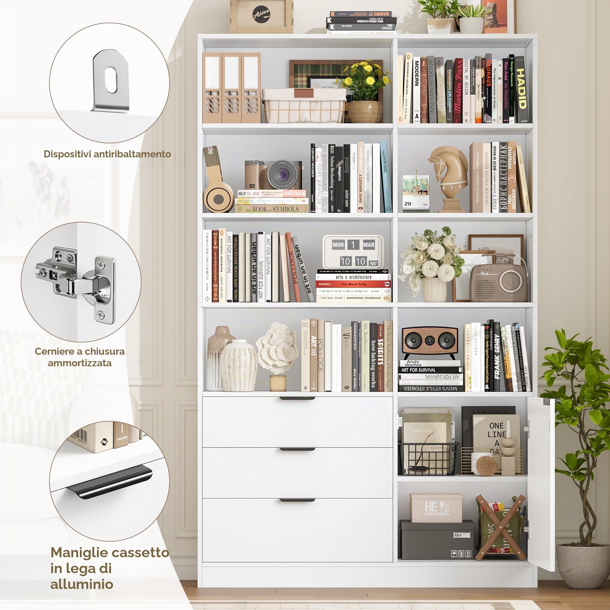 HOCSOK Libreria, Scaffale Libreria Verticale con Porta e 3 Cassetti, Legno | Scaffale Alta con Ripiani Regolabili, per Soggiorno Studio Ufficio, Bianco, 180,5×103×28,5 cm