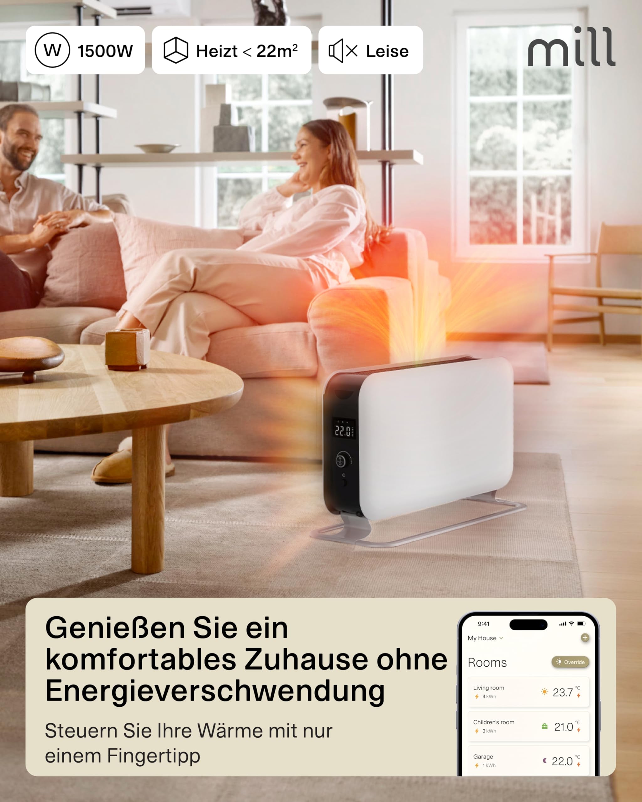 Mill WIFI Max Elektro Heizkörper 1500W, Smarter Badheizkörper elektrisch 18-22m², Elektroheizung energiesparend & freistehend, leise elektrische Heizung, Elektroheizkörper, Electric Heater - Weiß