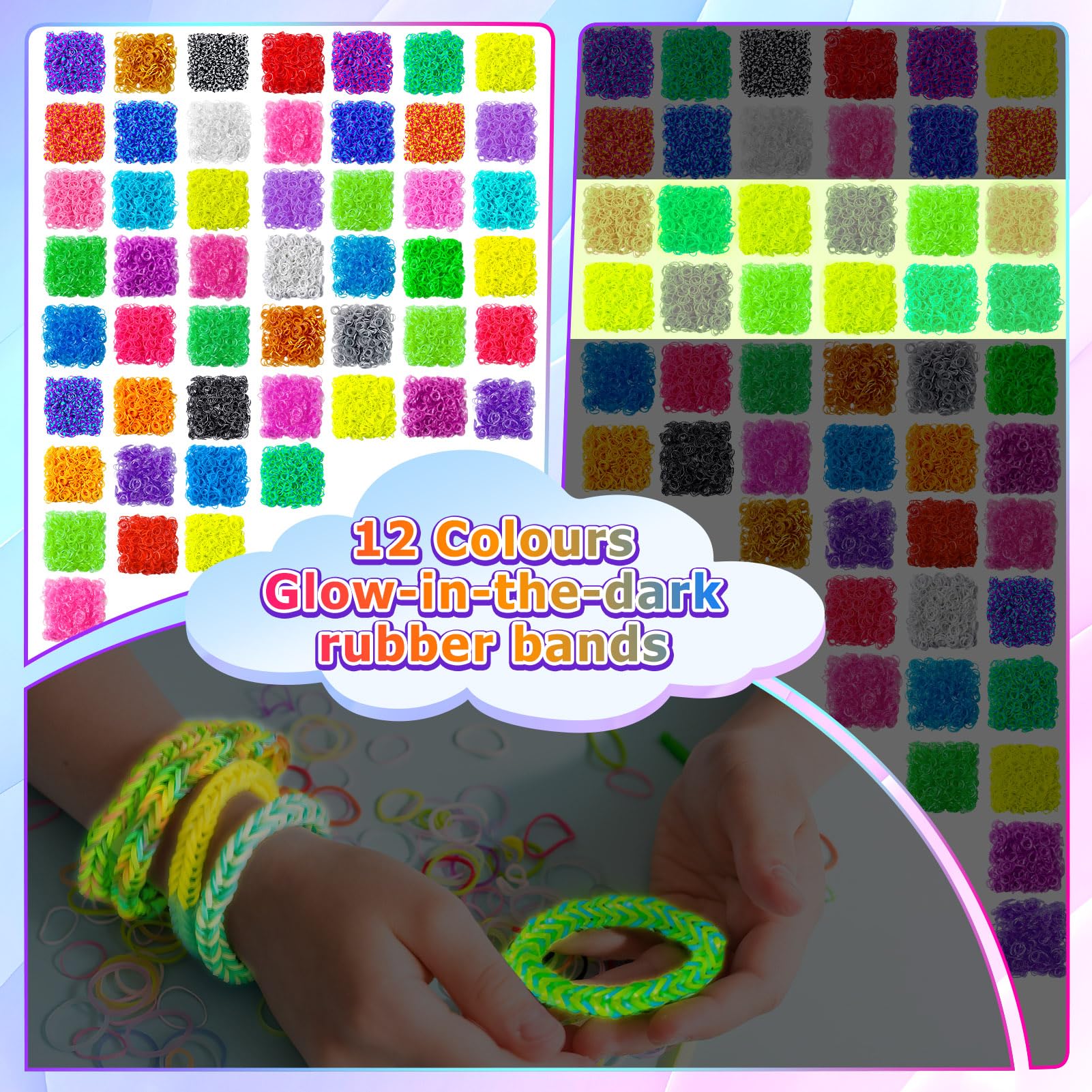 ROSHUKG Kit de 50 Colores para Gomas Elásticas con de 3 Capas, DIY Gomas para Hacer Pulseras para Niños, Niñas, Regalo para Tejer