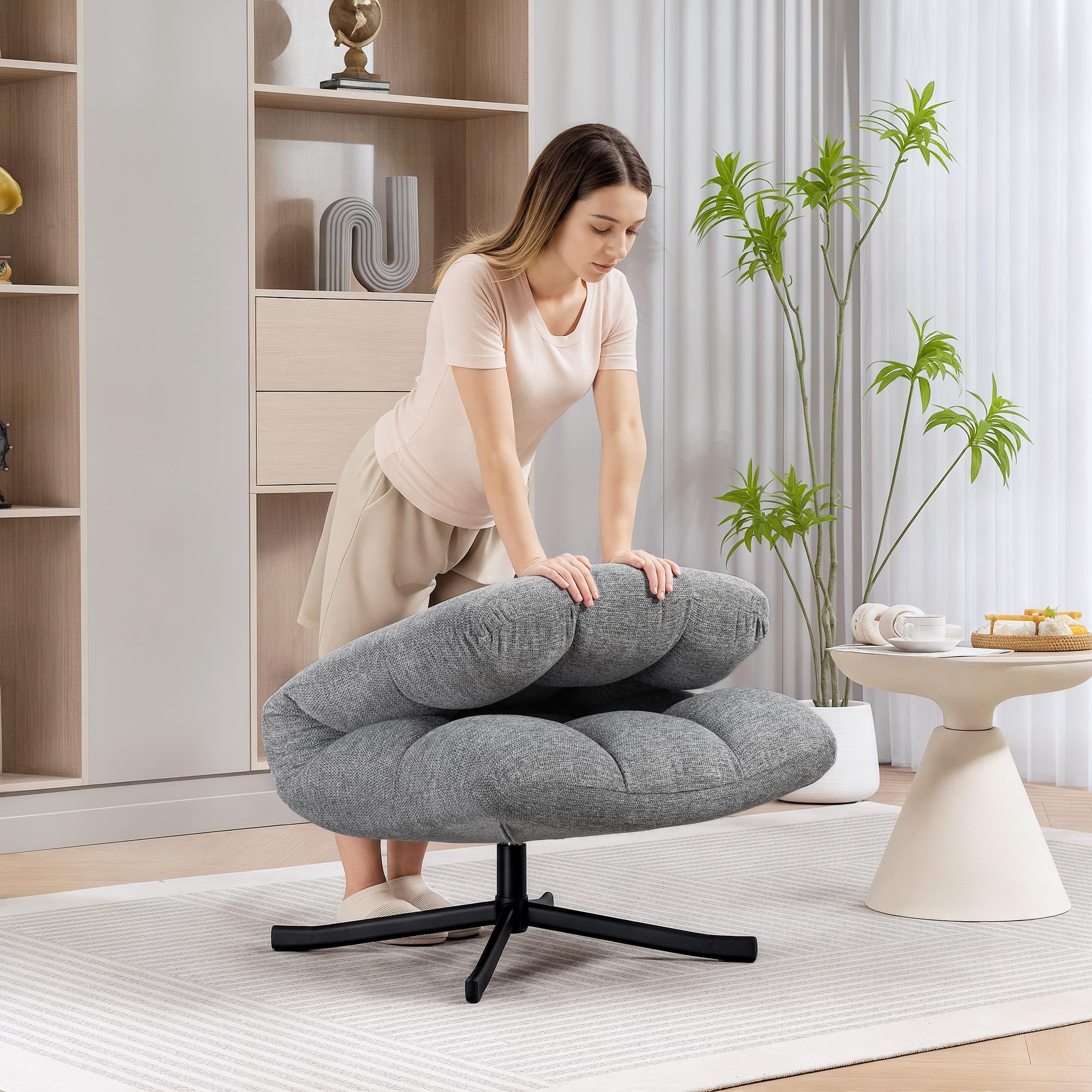 HOMCOM Fauteuil Salon sans Accoudoirs Chaise Pivotante Tissu Chenille Gris | Imperméable, Assise Rembourrée et Large, Pieds Croisés en Acier sans Roulettes, Fauteuil Relax pour Chambre et Salon