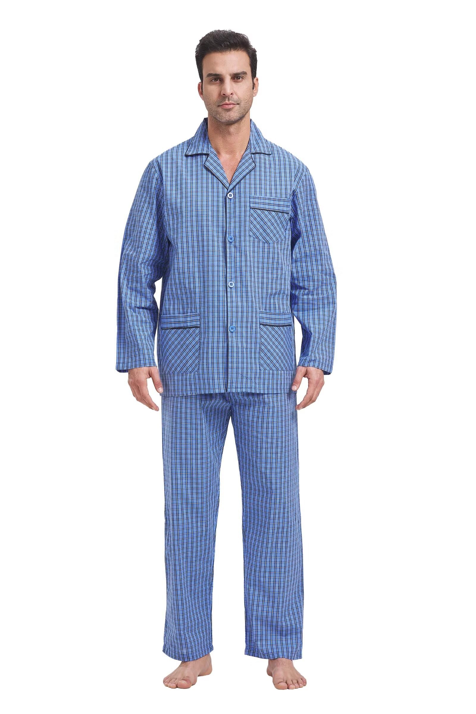 GLOBAL Pijamas Hombre Largos Pantalones Ropa de Dormir Conjunto de Algodón Pijama para Hombre con Bolsillos y Cordón