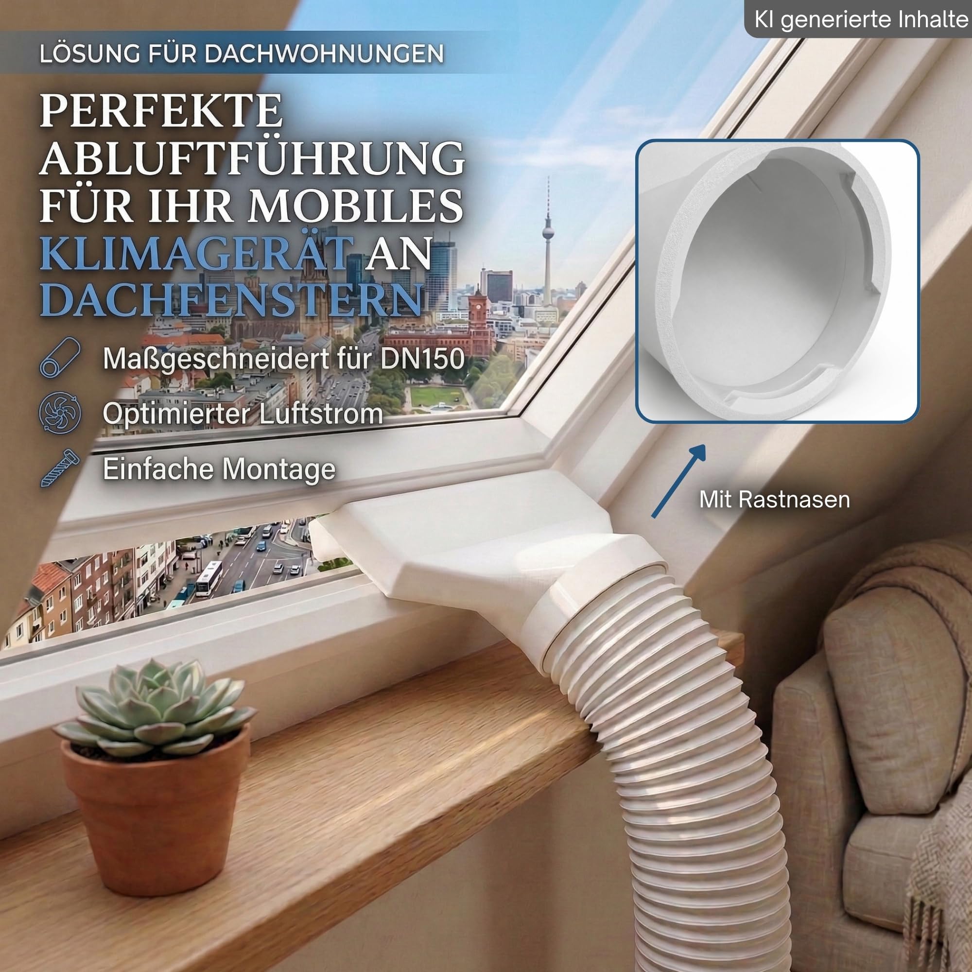 Ø150mm Fenster Adapter Klima Abluft extra breit und flach – Reduzierstück auf schmale Öffnung - Passend für mobile Klimaanlagen passend für Velux Roto Fakro
