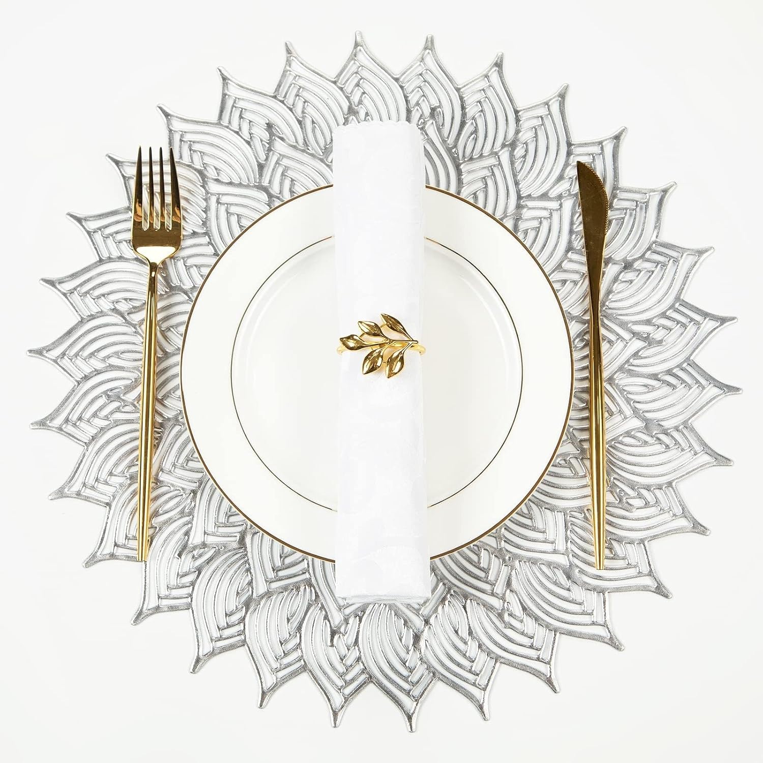Gold-Stamped Placemats Heat-Insulated Western- Table Mats Hollow Hotel Coasters for Kitchen Dining Room(White-Fruit peach5)