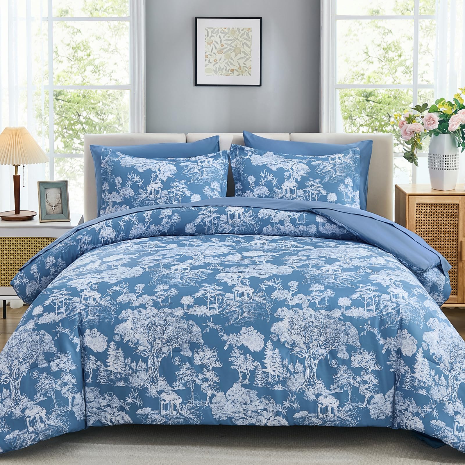 DJY Queen Size 7 Piece Bed in a Bag-Floral Botanical Mineral Blue Comforter Set,Queen Bed Set with Comforter and Sheets